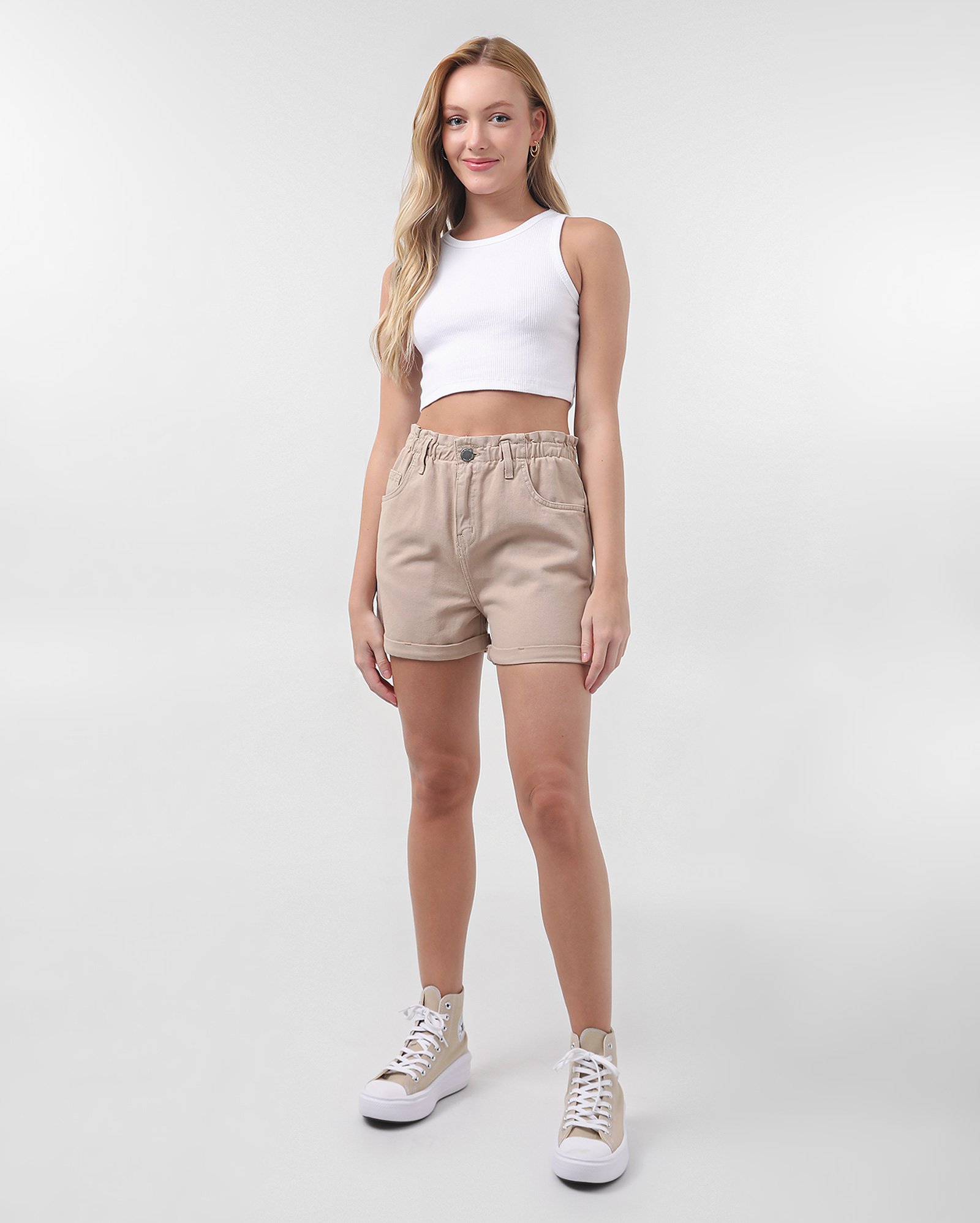 Short jeans juvenil baggy cintura alta - Bege | Pool