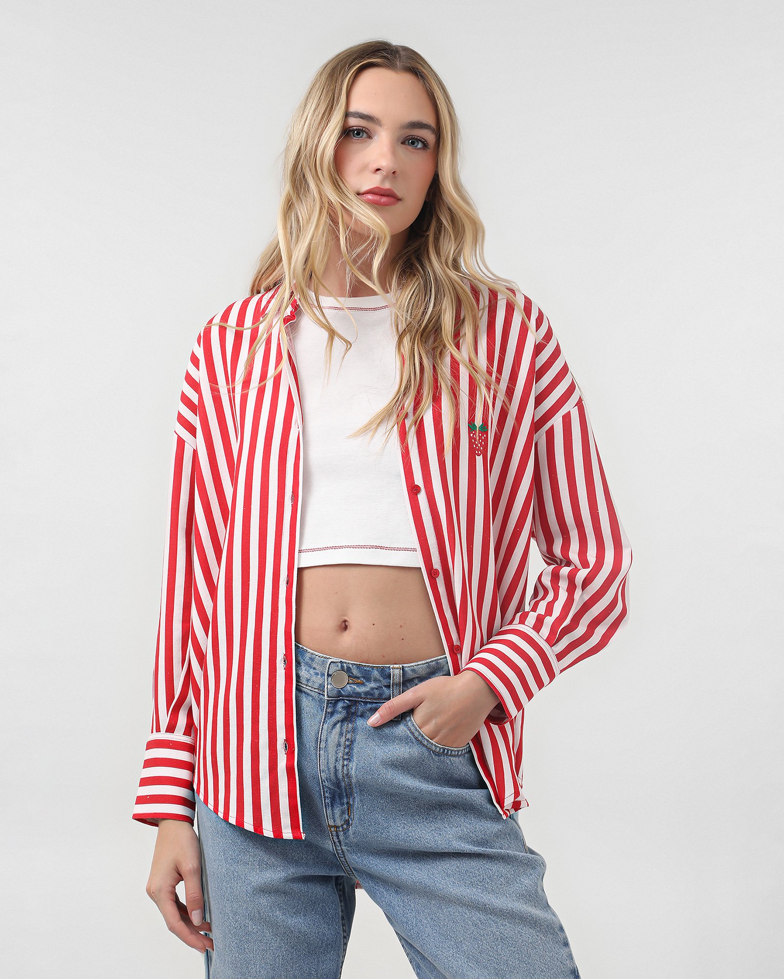 Riachuelo Camisa feminina em viscolinho listrada e morango