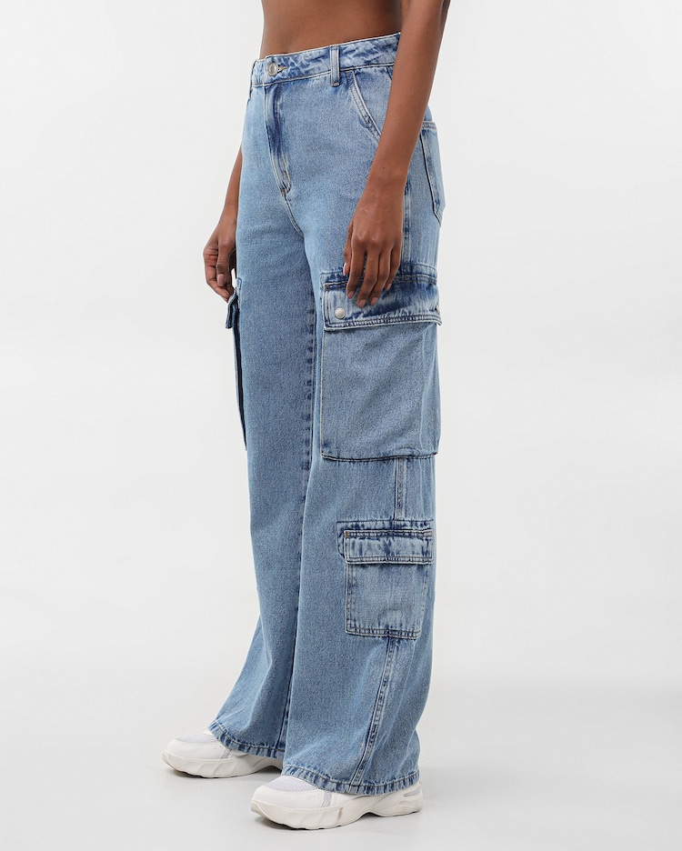 Riachuelo Calça jeans feminina wide leg bolsos cargo denim médio