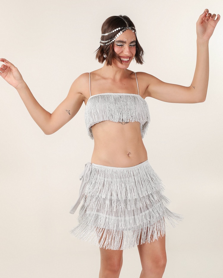 Riachuelo Saia curta com franjas e amarração lateral prata Pool