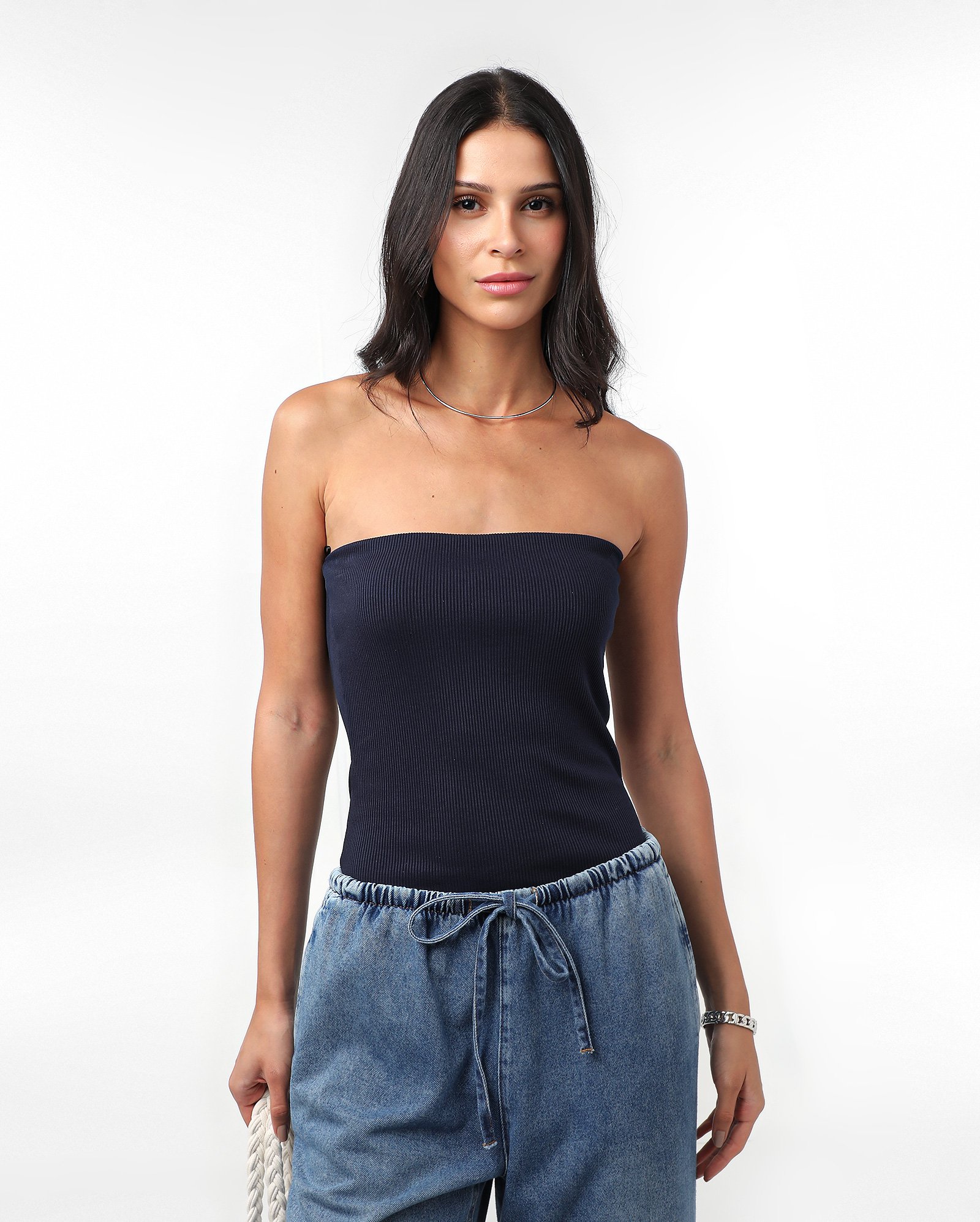 Top bandeau canelado - Azul Escuro | Pool Basics
