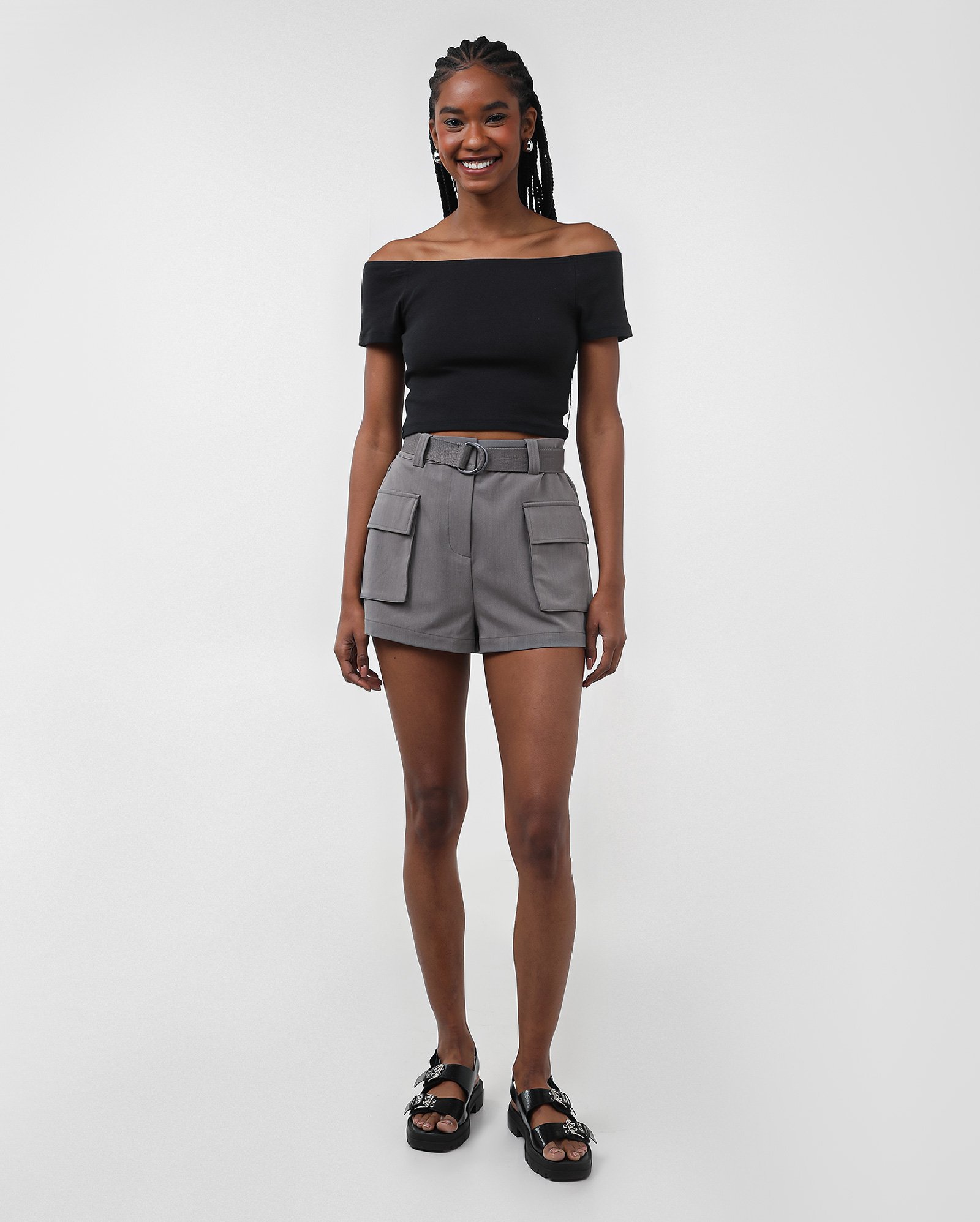 Blusa cropped ombro a ombro canelada - Preto | Pool — foto 3
