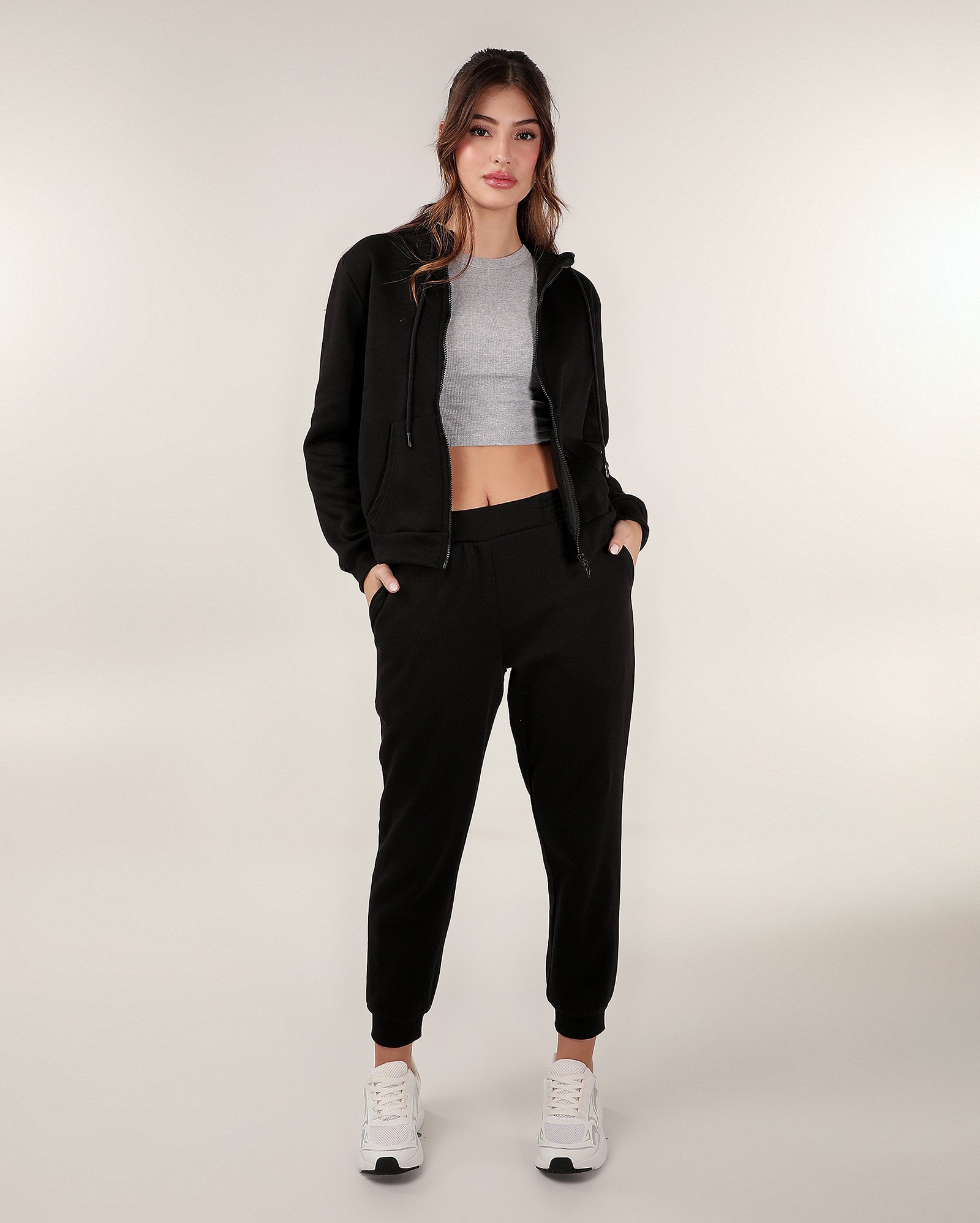 Blusa de moletom feminina com capuz e zíper preta | Pool Basics