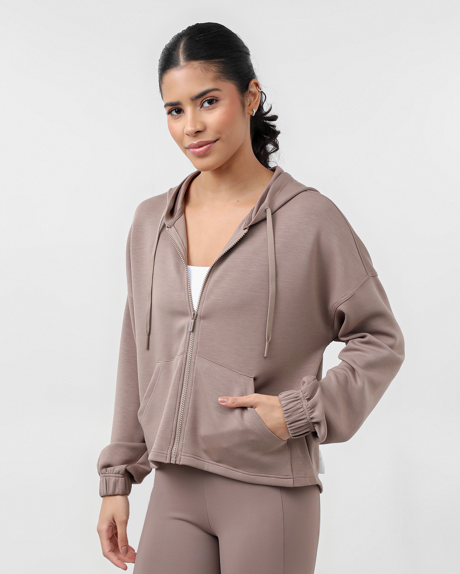 Blusa esportiva feminina Soft Scuba com zíper - Marrom Claro | BodyWork
