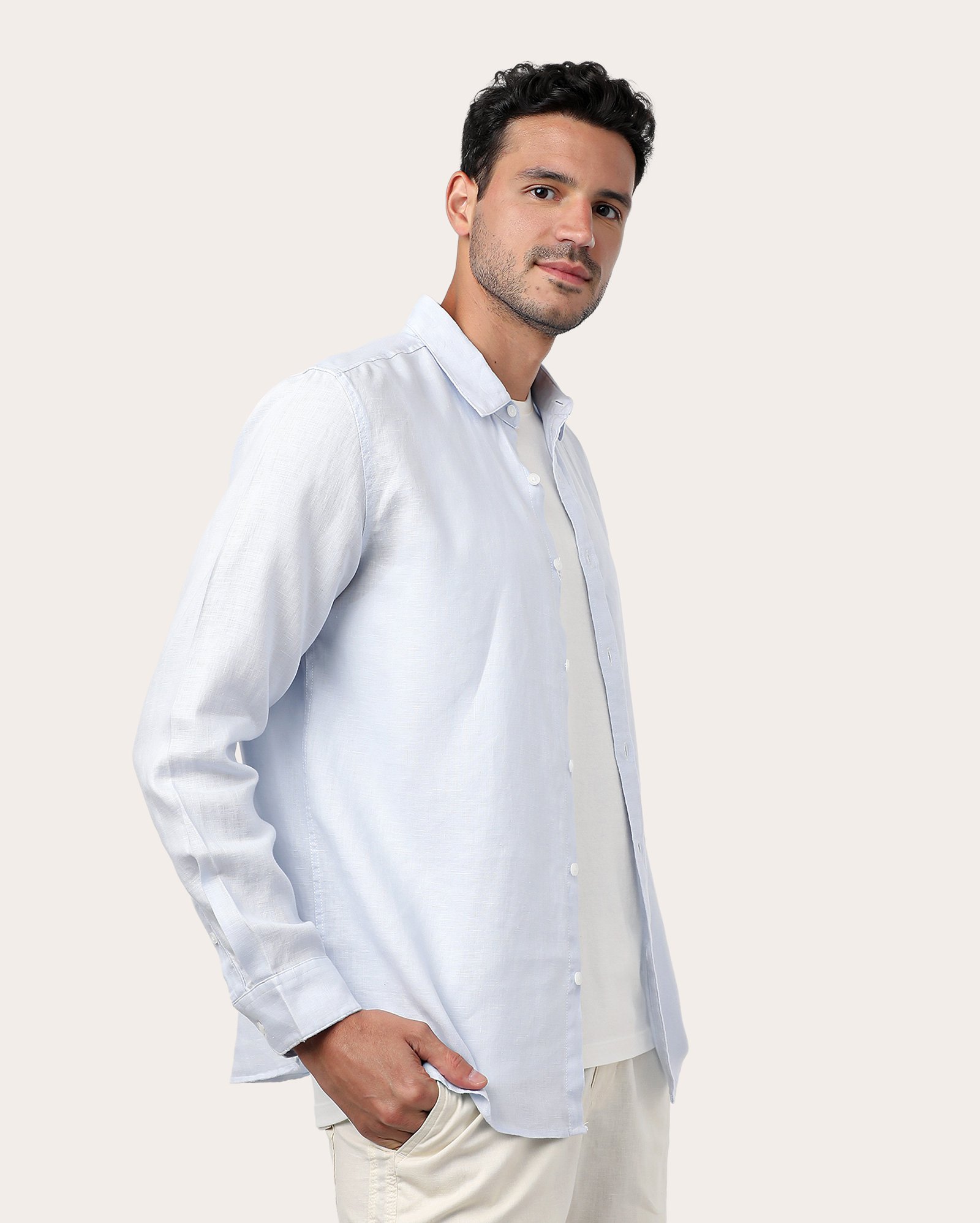 Camisa masculina regular 100% linho manga longa - Azul Claro | Original