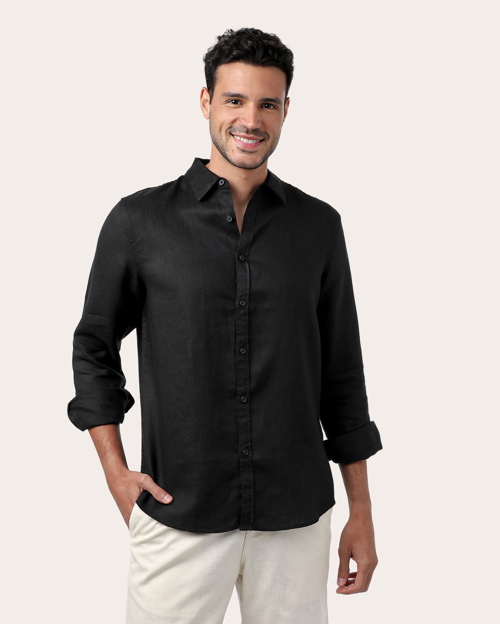 Camisa masculina casual 100% linho manga longa - Preto Mescla