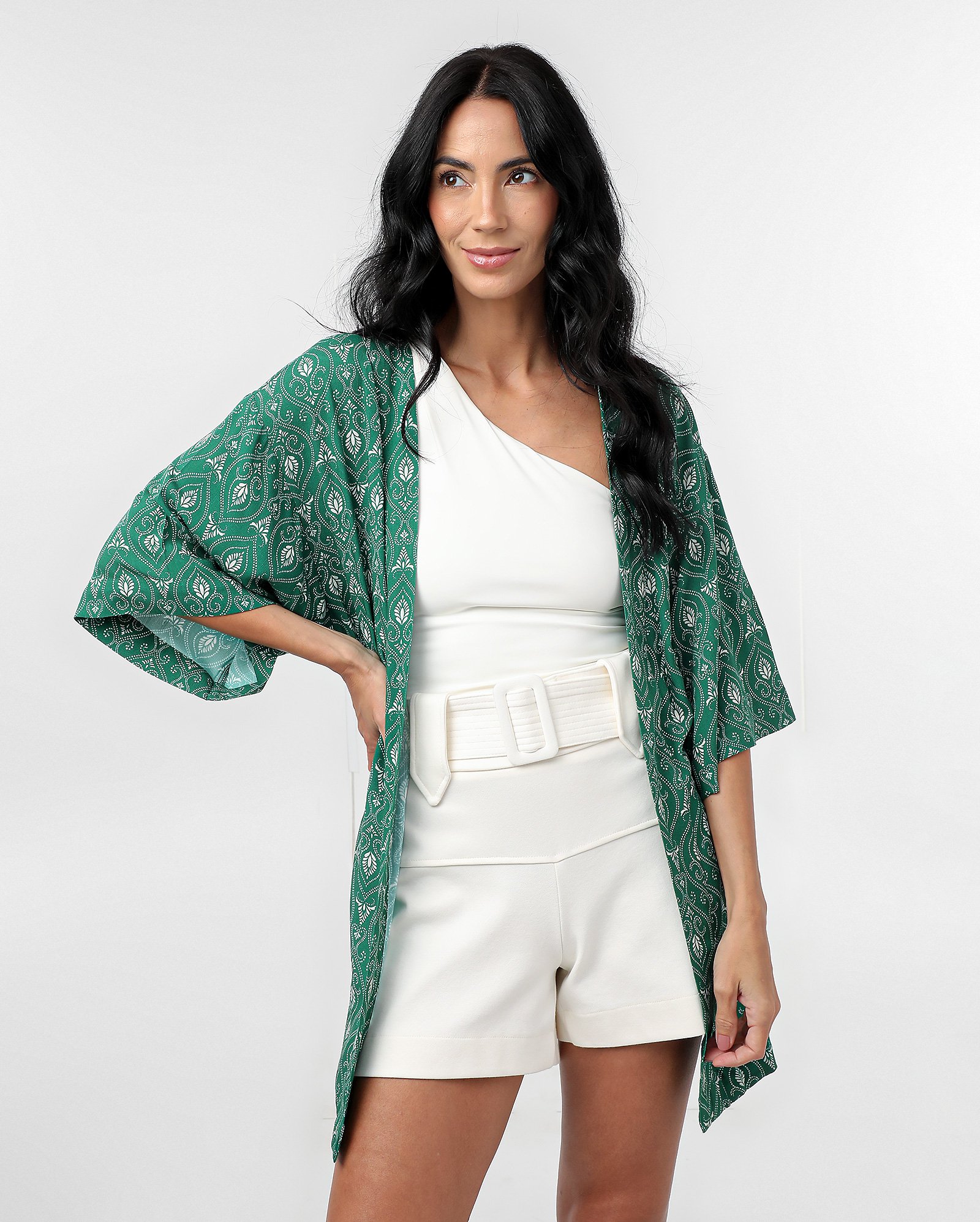 Kimono feminino viscose manga 3/4 com amarração boho verde | AK by Riachuelo