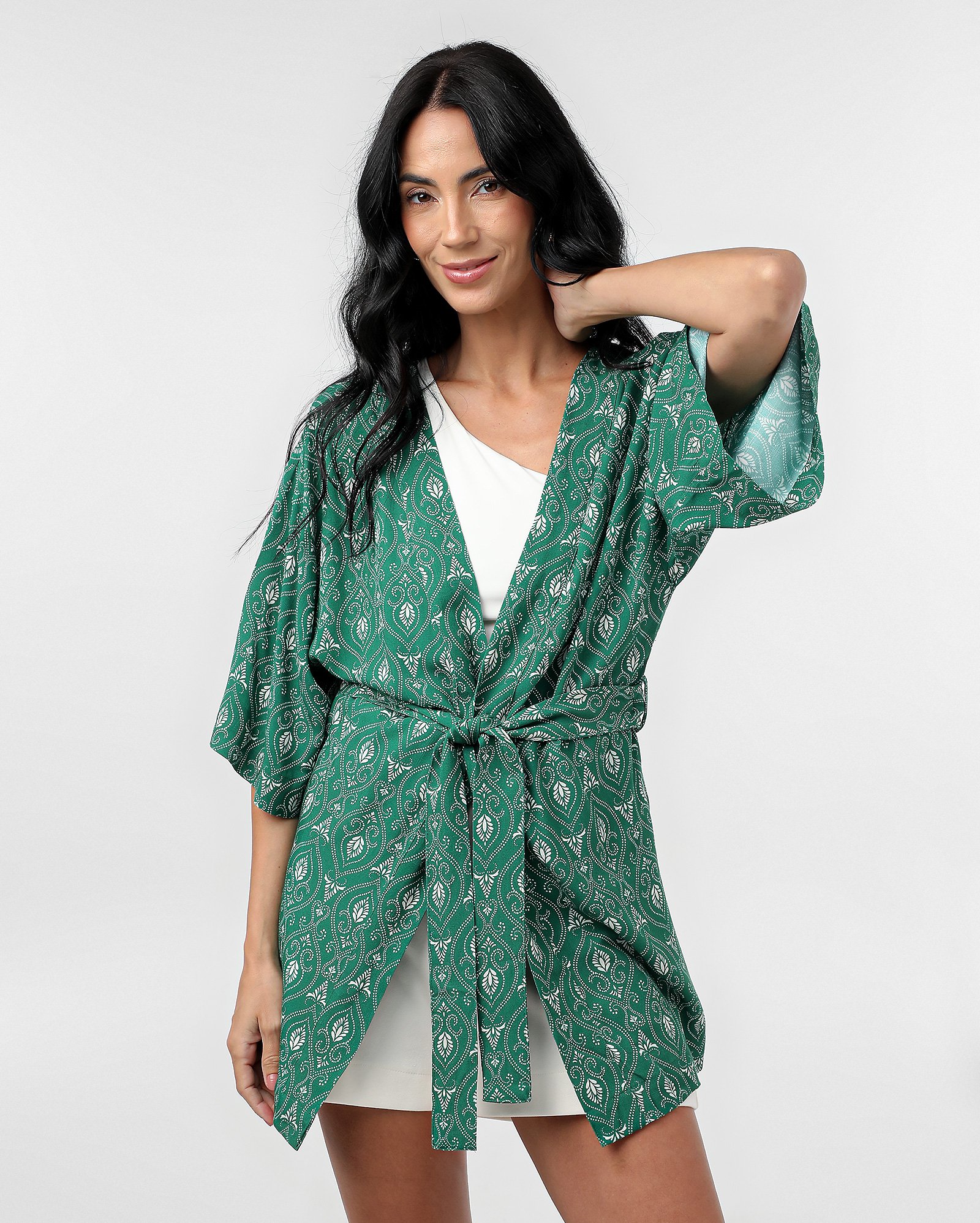 Kimono feminino viscose manga 3/4 com amarração boho verde | AK by Riachuelo