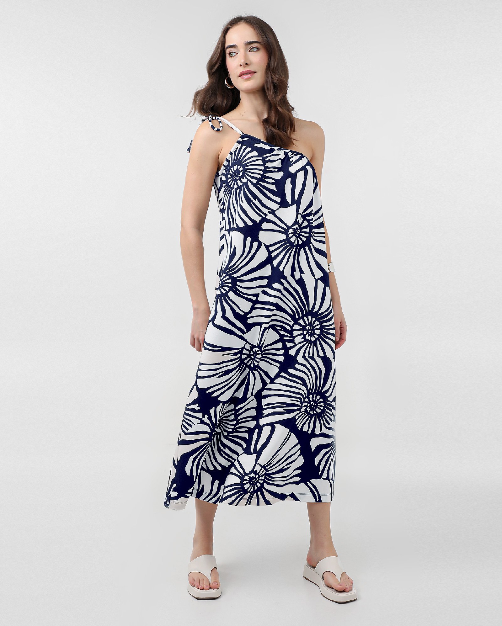 Vestido midi reto ombro único maxi floral azul | AK by Riachuelo
