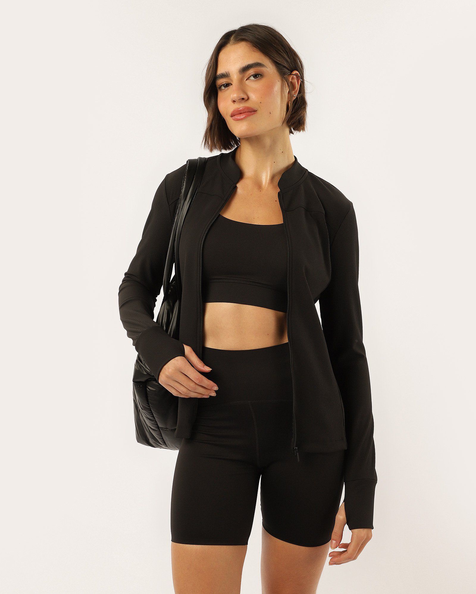 Jaqueta feminina de treino poliamida canelada - Preto | Body Work