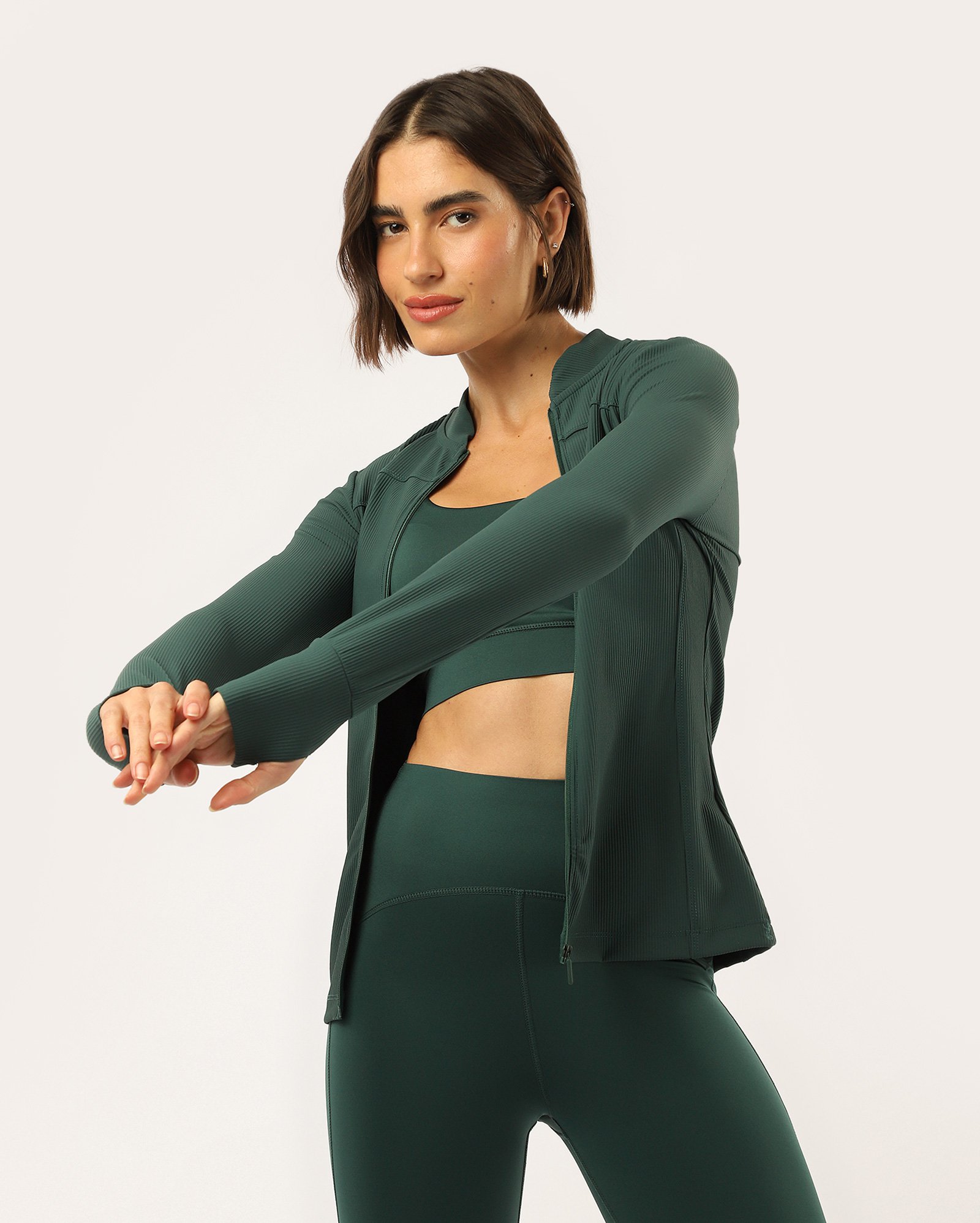 Jaqueta feminina de treino poliamida canelada - Verde Escuro | Body Work