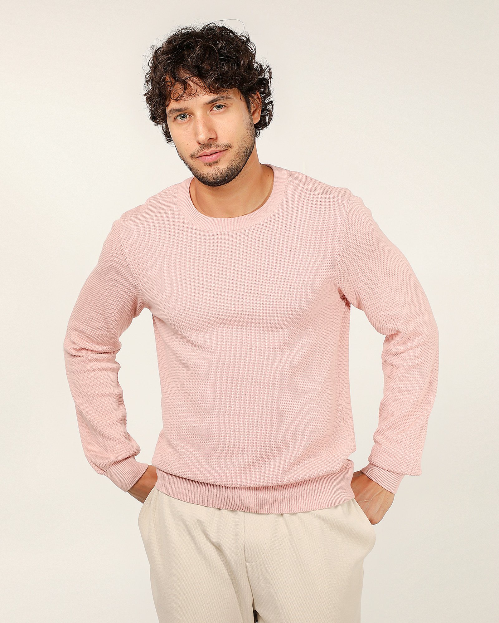 Suéter masculino gola careca com mangas longas - Rosa Claro