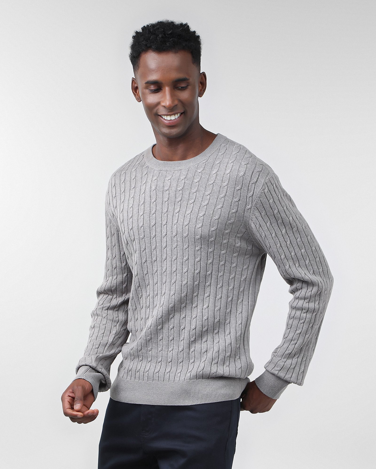 Suéter masculino tricot ponto trançado - Cinza Claro Mescla
