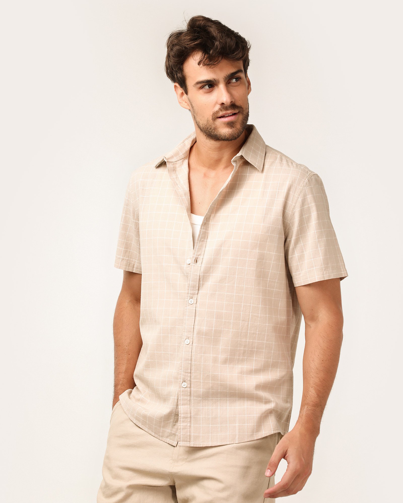 Camisa casual masculina de algodão quadriculada bege | Original by Riachuelo