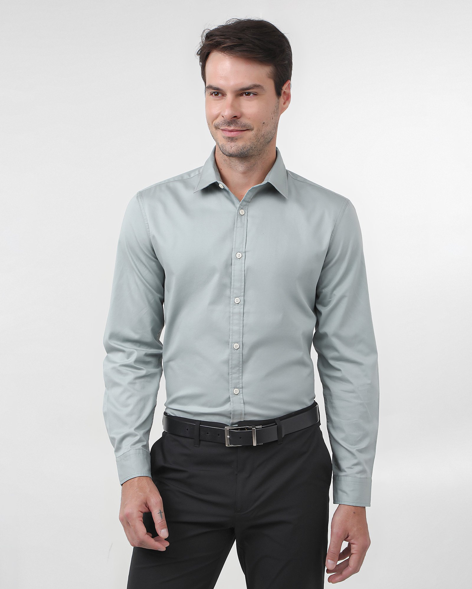Camisa social masculina regular lisa - Cinza Claro
