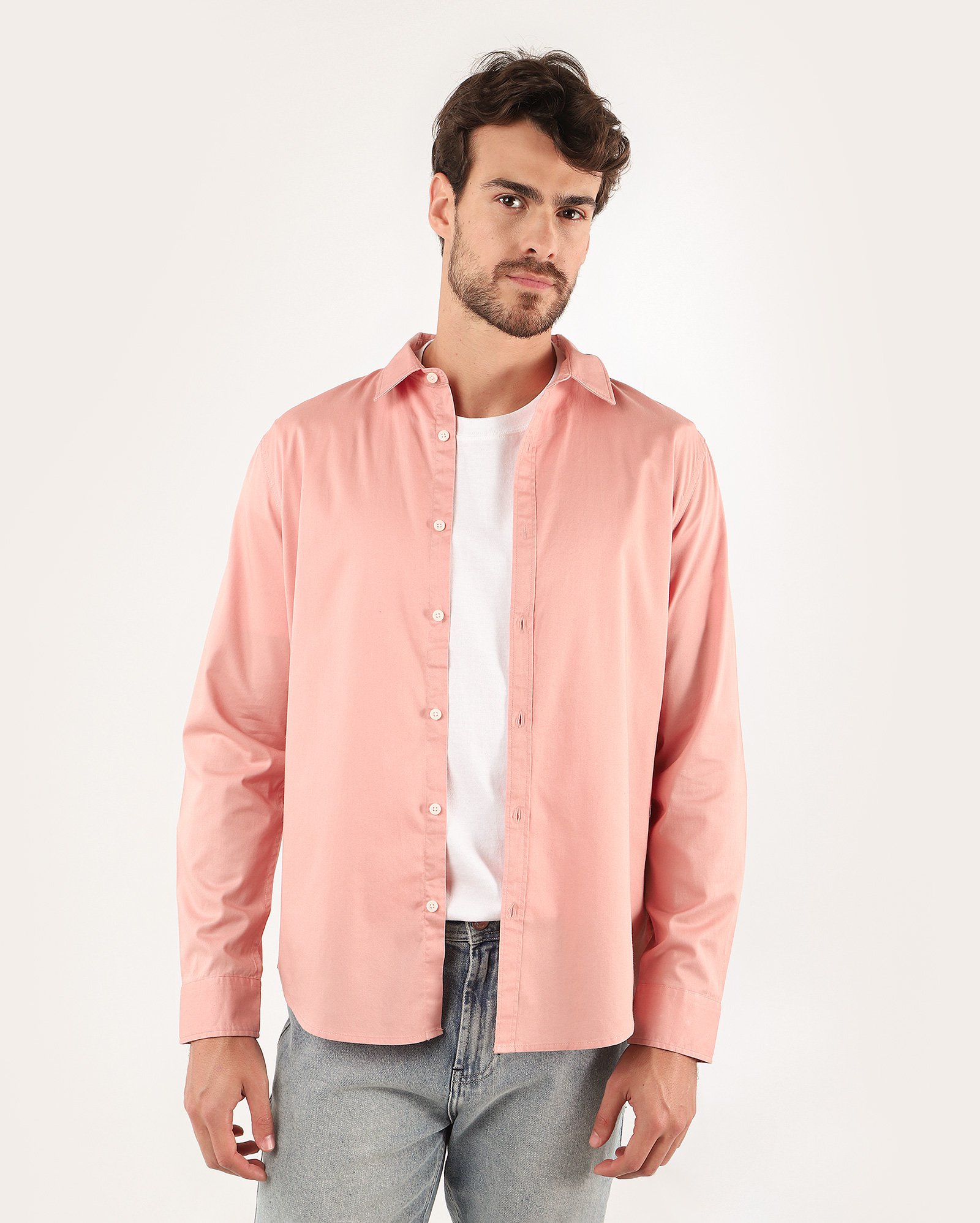 Camisa social masculina regular lisa - Rosa Claro