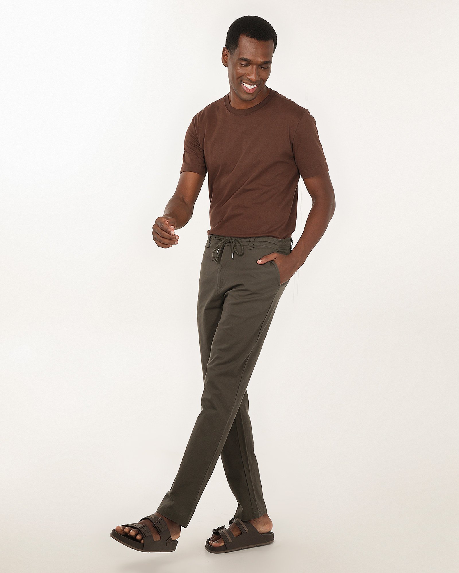 Calça masculina slim com linho e cordão - Cinza Escuro