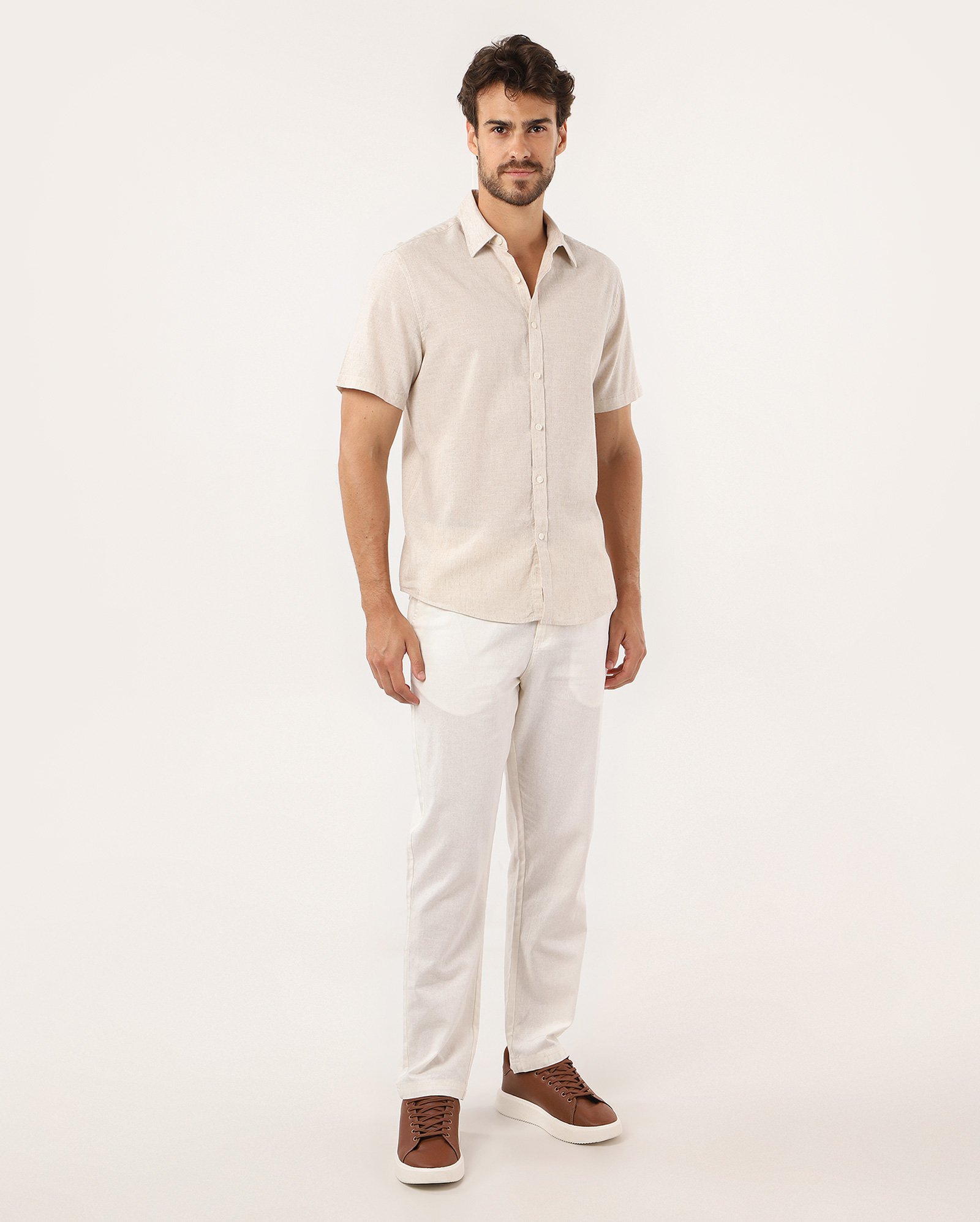Camisa masculina regular com linho manga curta - Bege Claro | Original