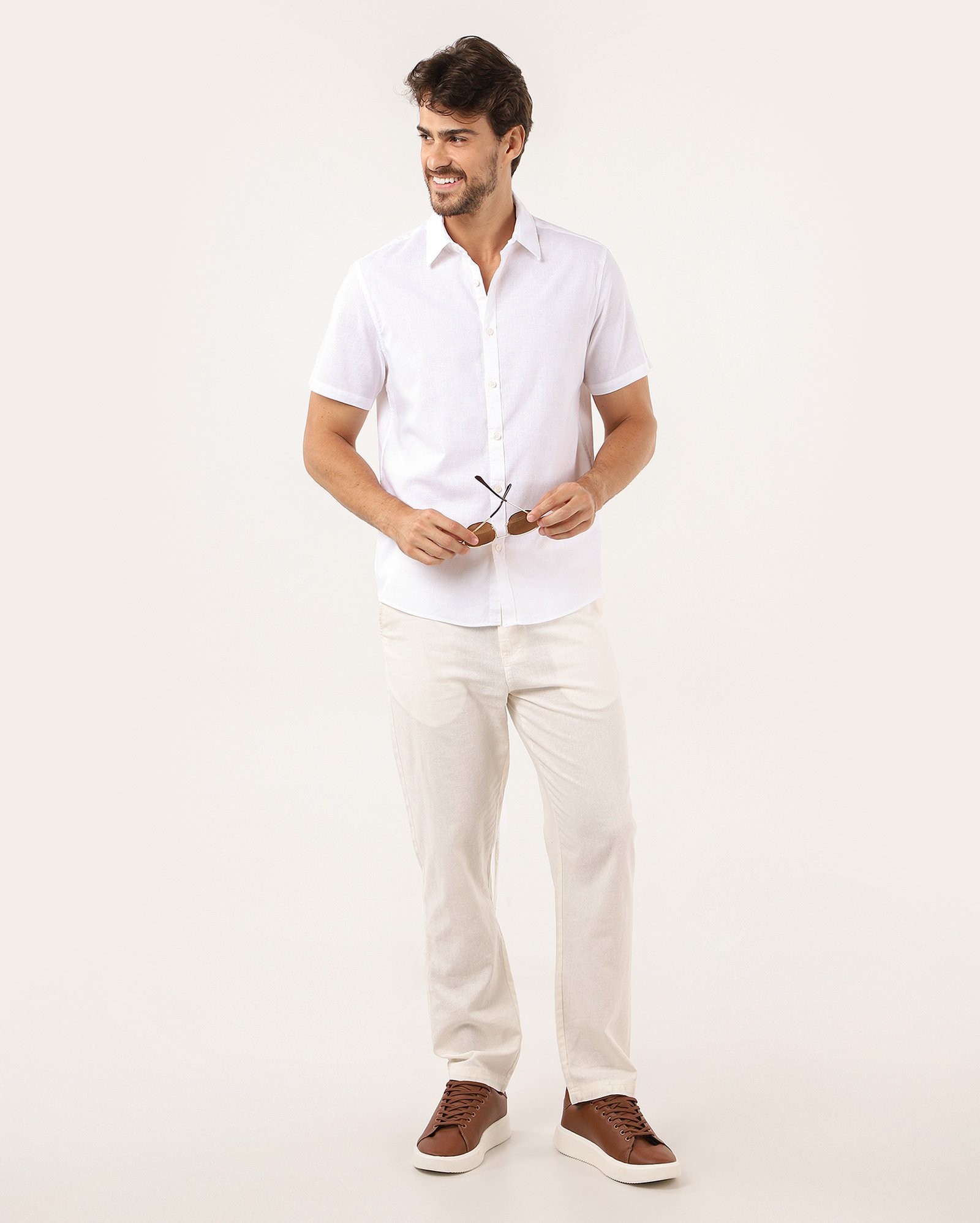 Camisa masculina regular com linho manga curta - Branco | Original