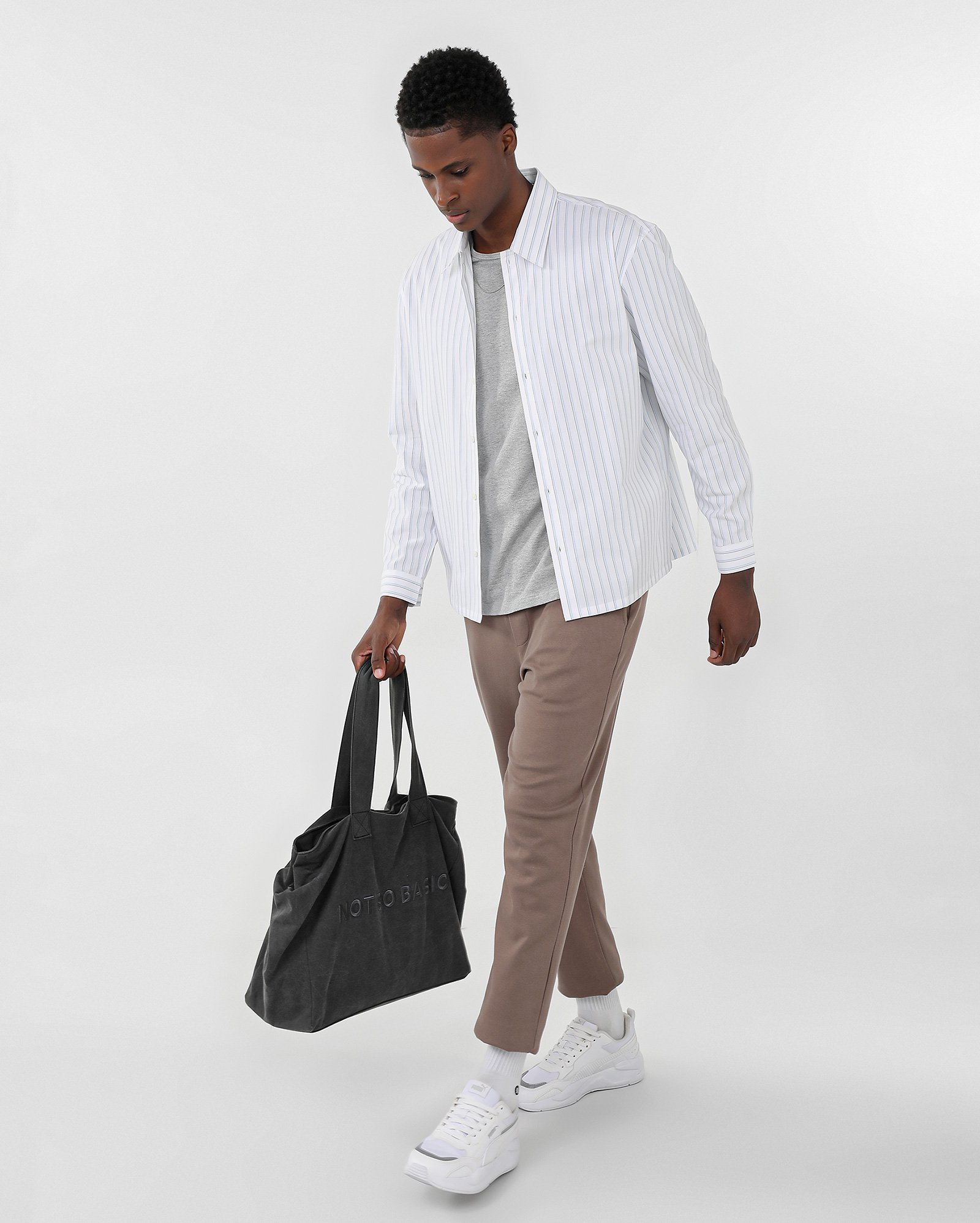 Camisa masculina boxy manga longa listrada branca | Pool — foto 5