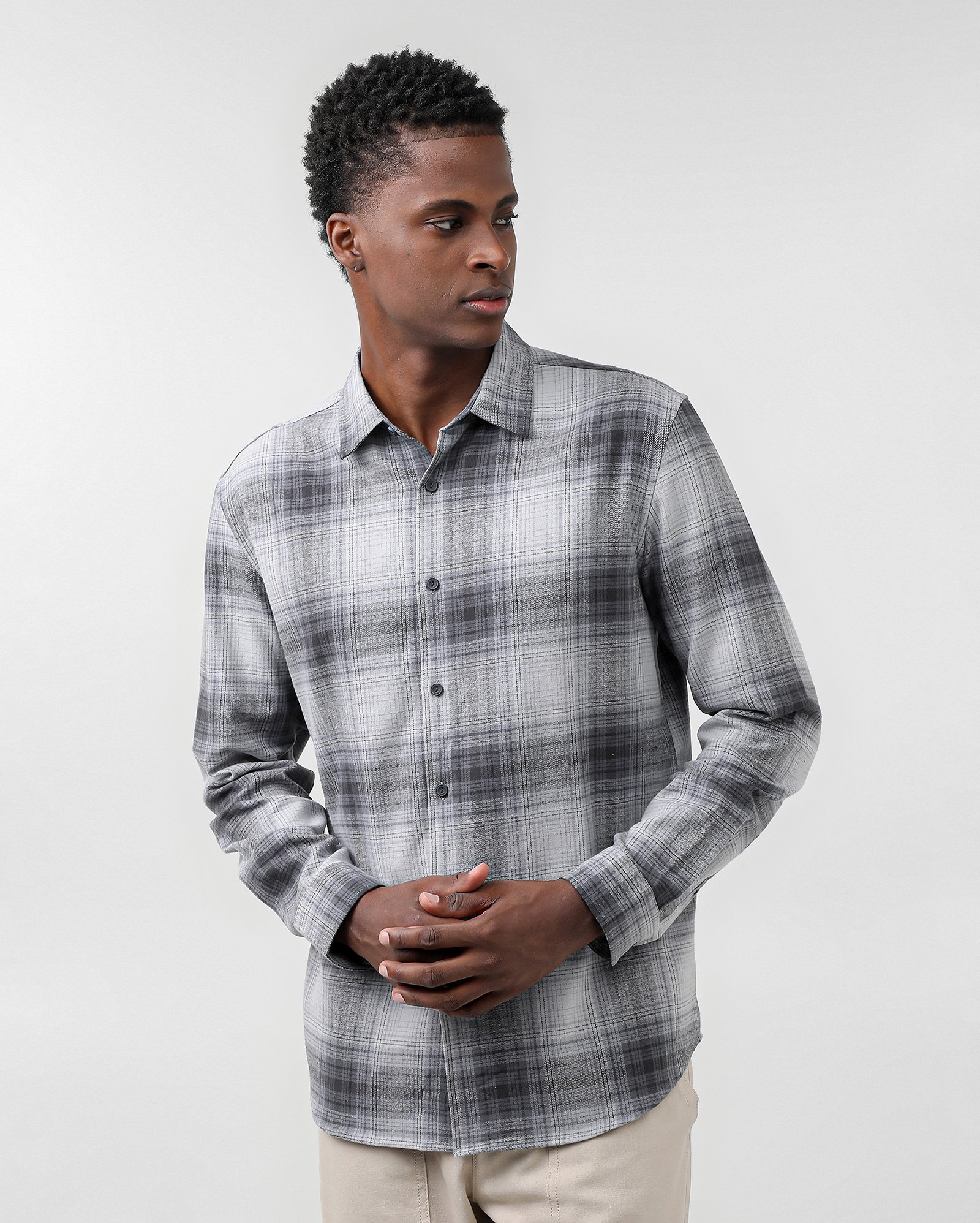 Camisa masculina regular quadriculada manga longa - Cinza | Pool