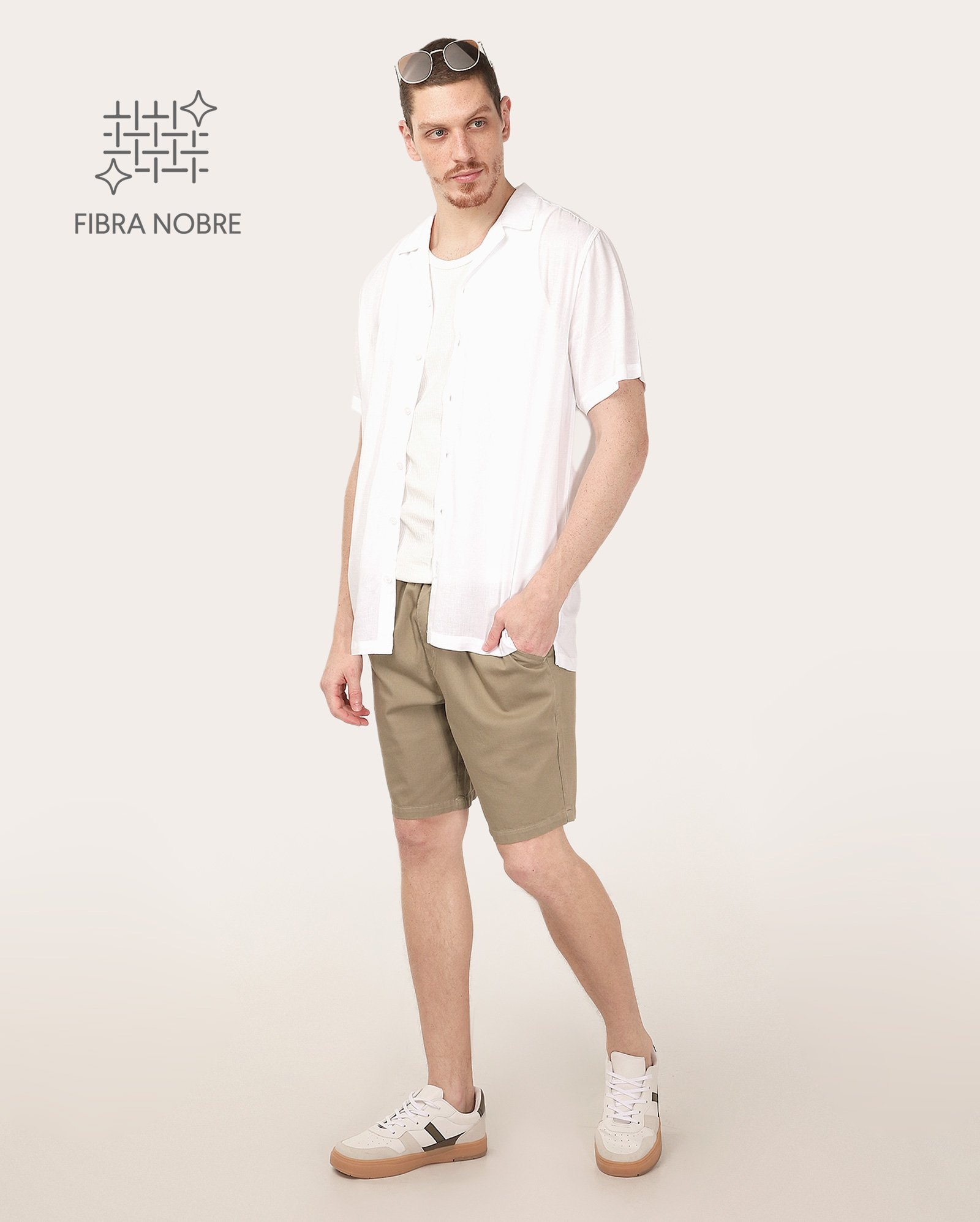 Camisa masculina em viscolinho manga curta - Branco