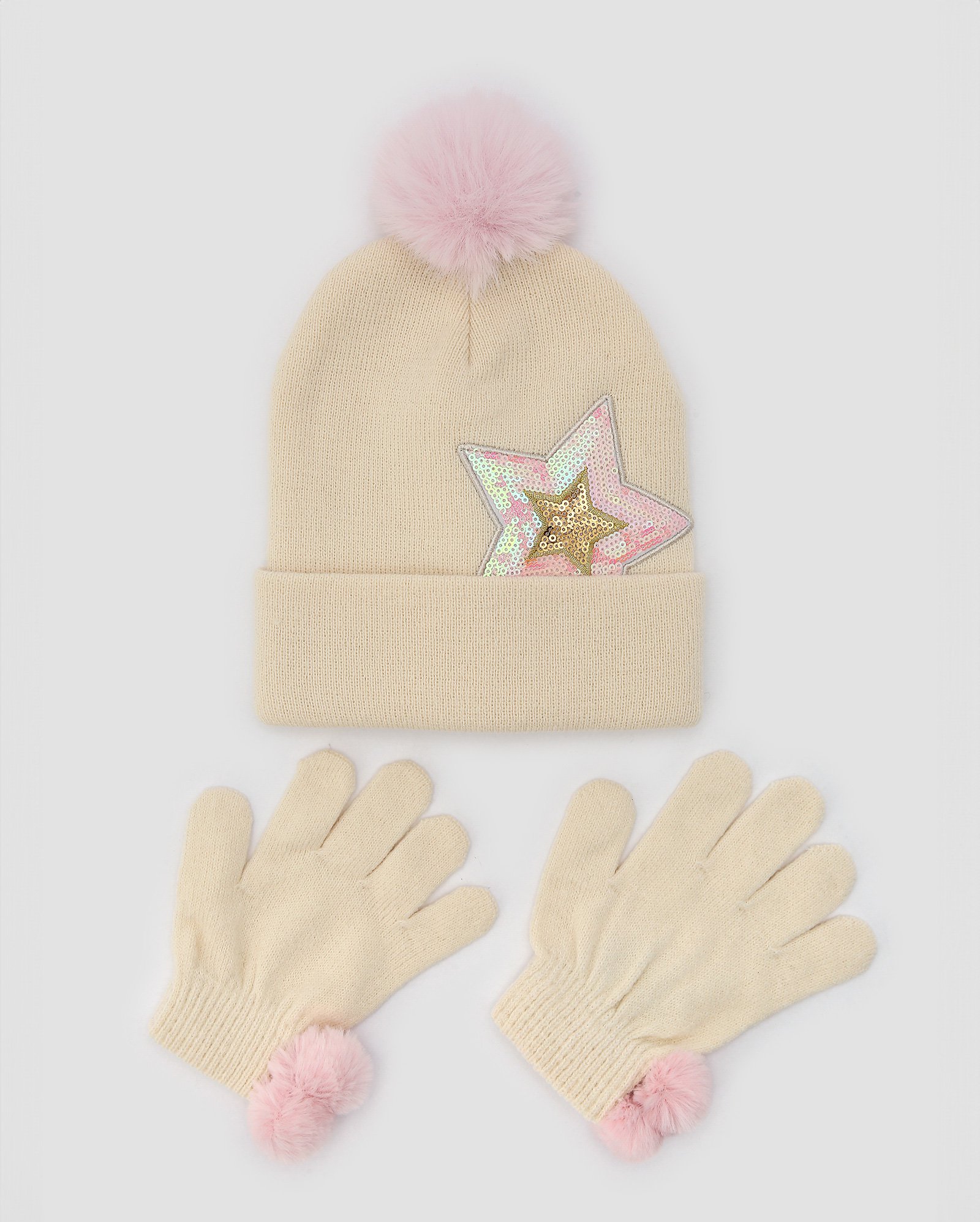 Kit gorro infantil de tricot paetê de estrelas + par de luvas bege | Accessori by Riachuelo