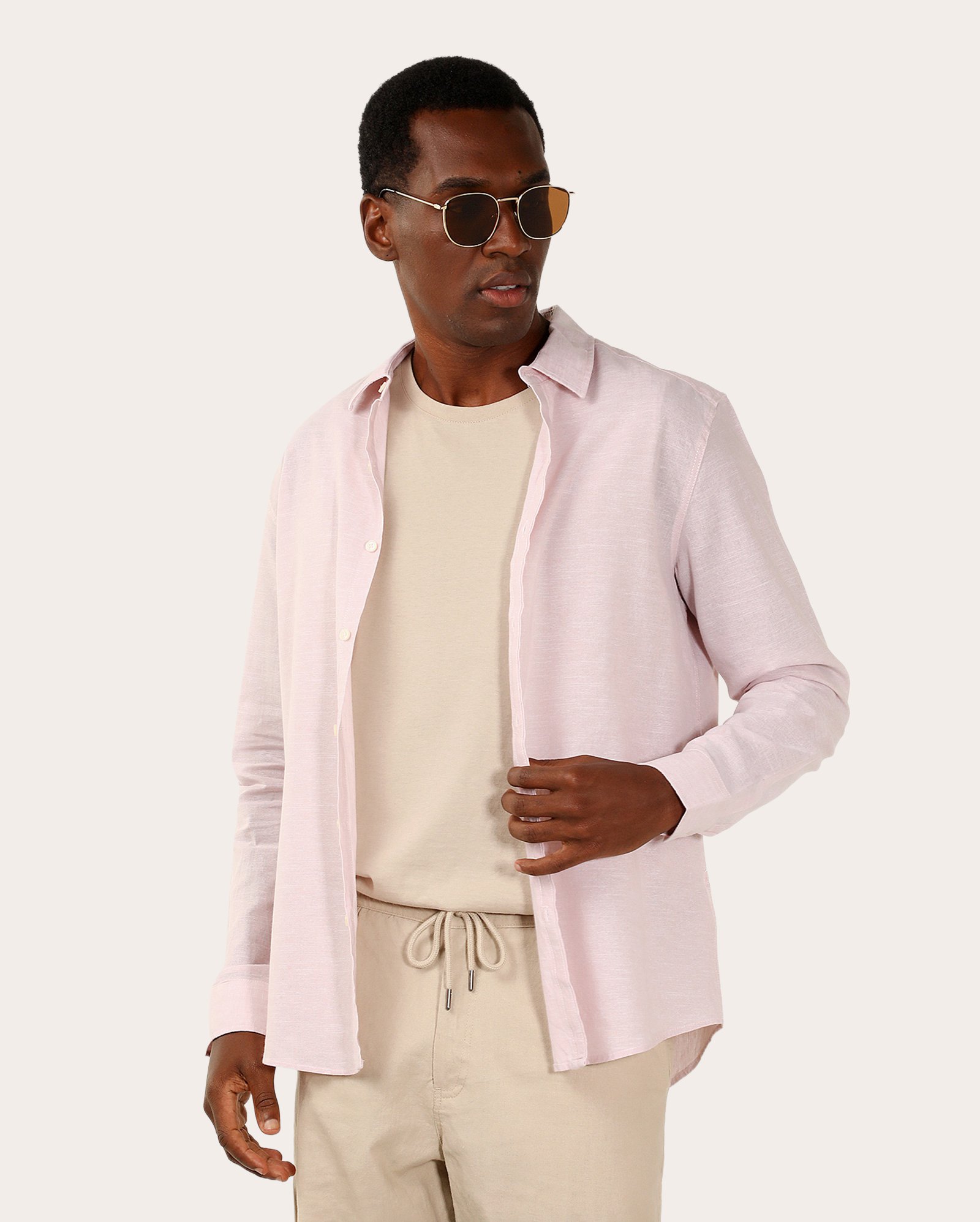 Camisa masculina regular com linho manga longa - Rosa Claro | Original
