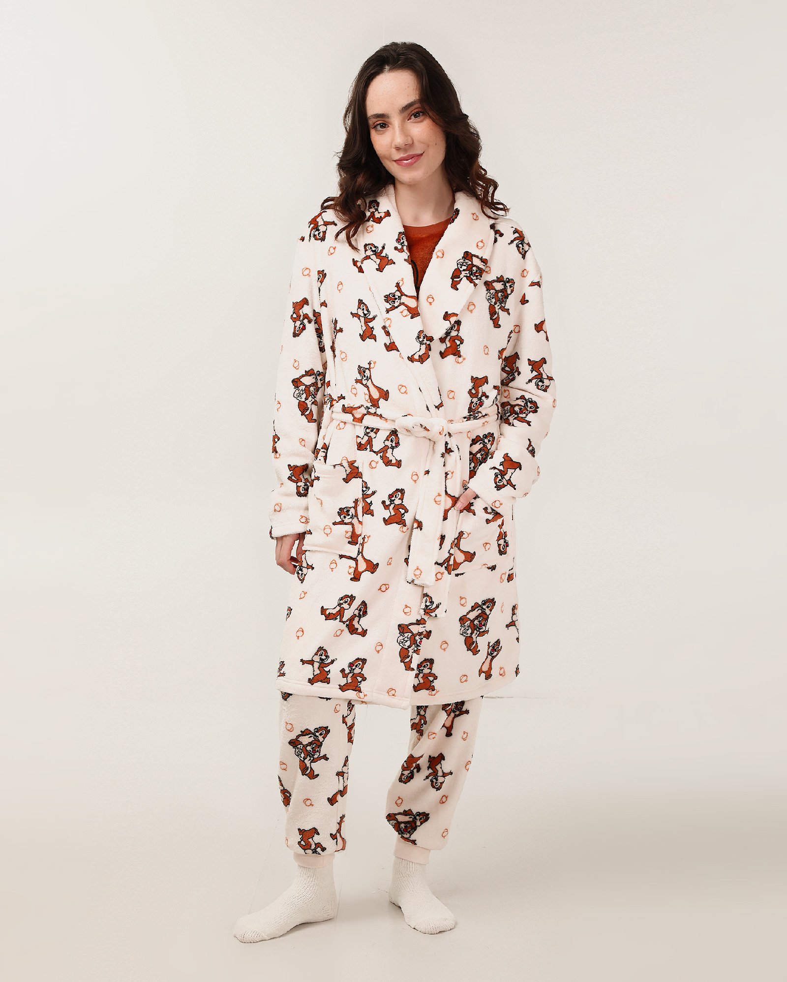 Robe feminino de fleece com amarração Tico e Teco branco | Disney