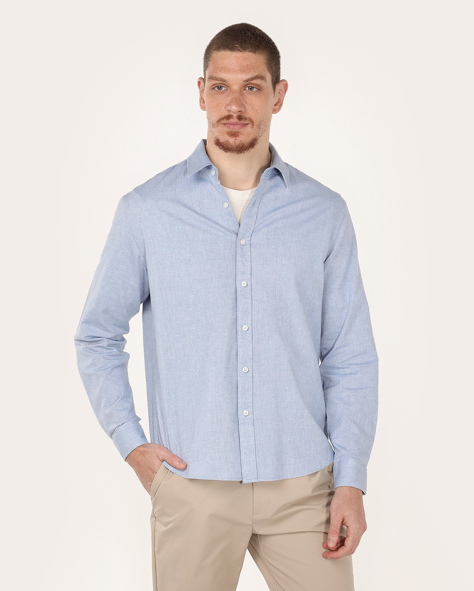 Camisa masculina slim algodão com botões azul - Azul Claro