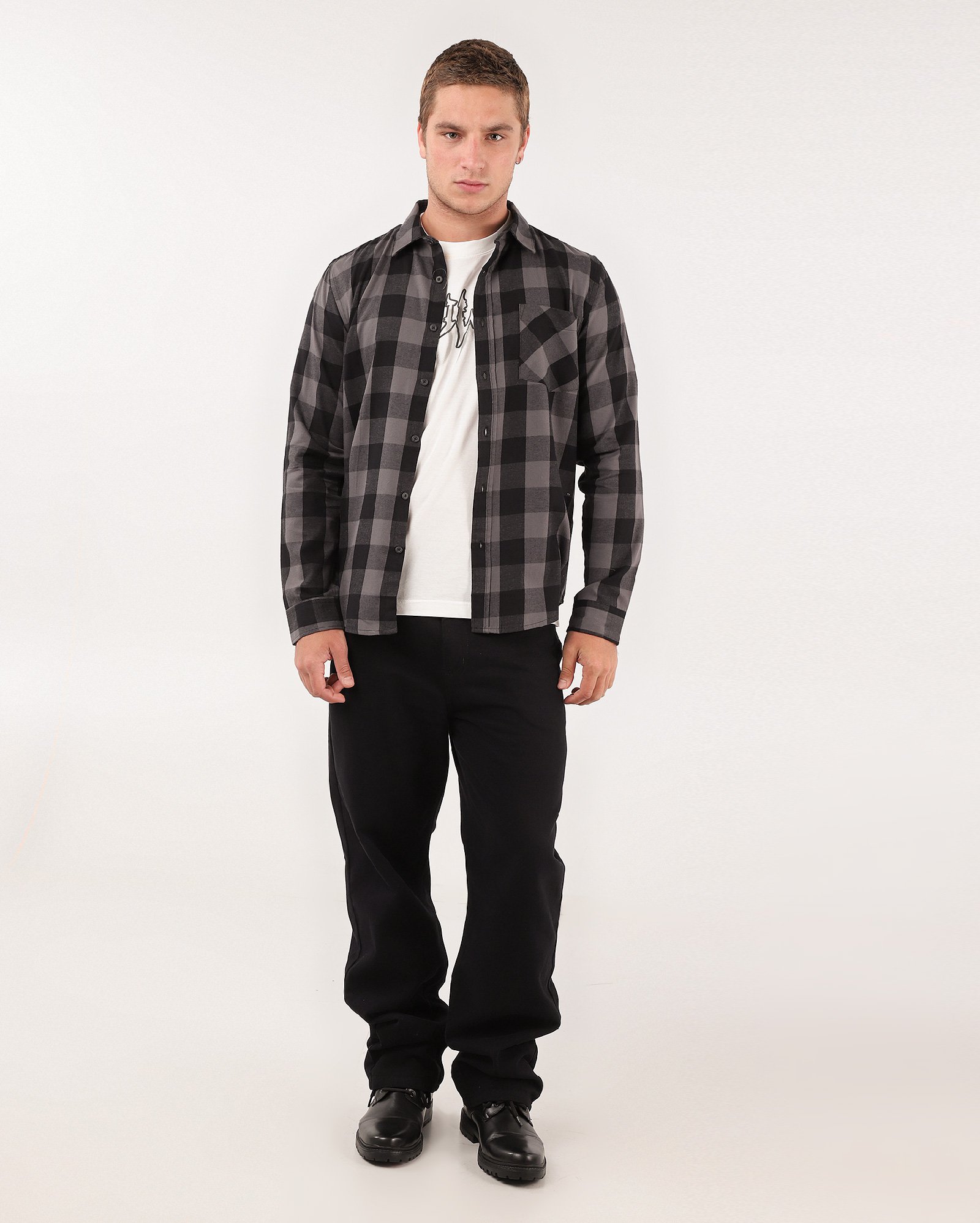 Camisa masculina manga longa de algodão xadrez cinza | Pool