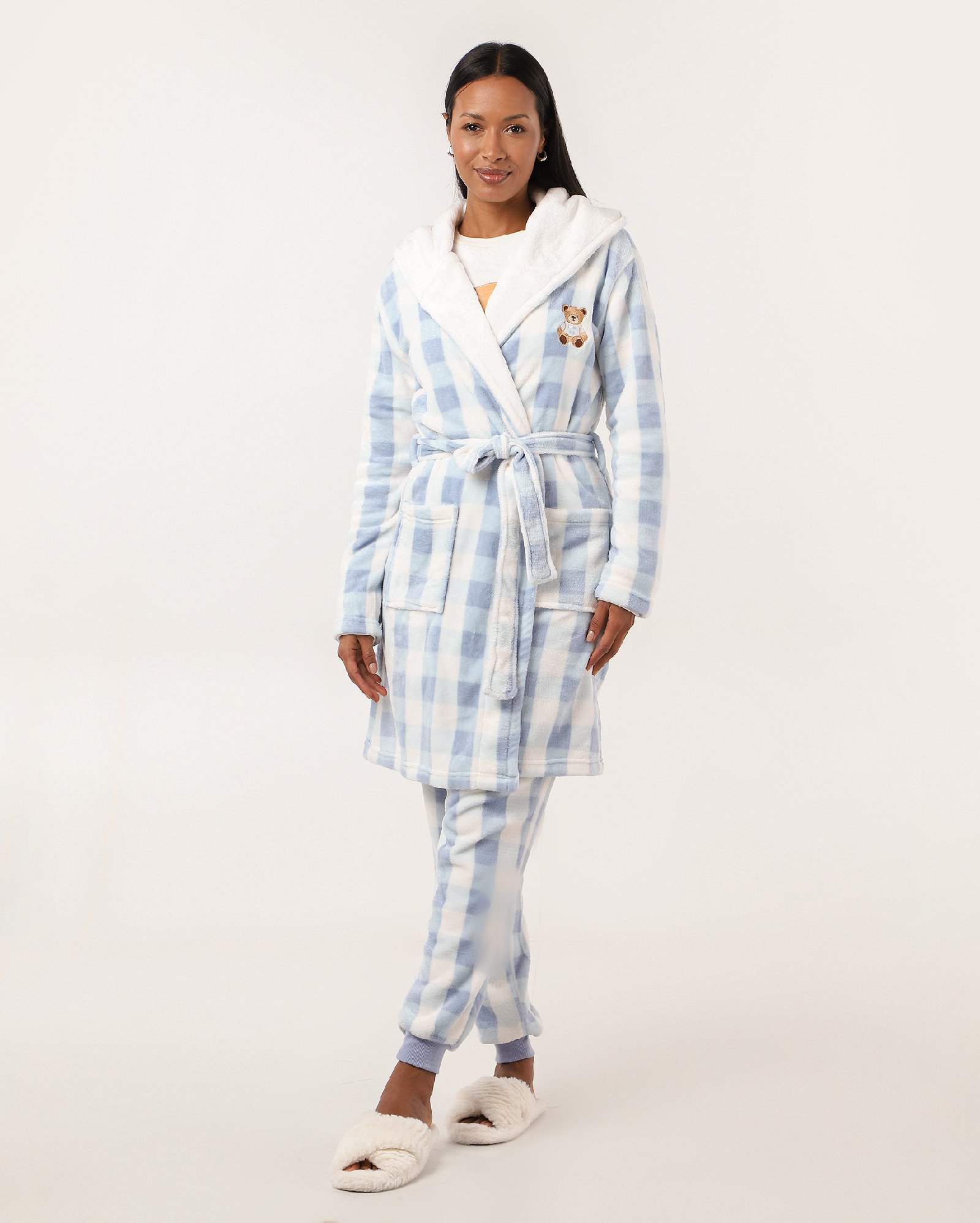Robe feminino fleece vichy bordado urso azul | Riachuelo