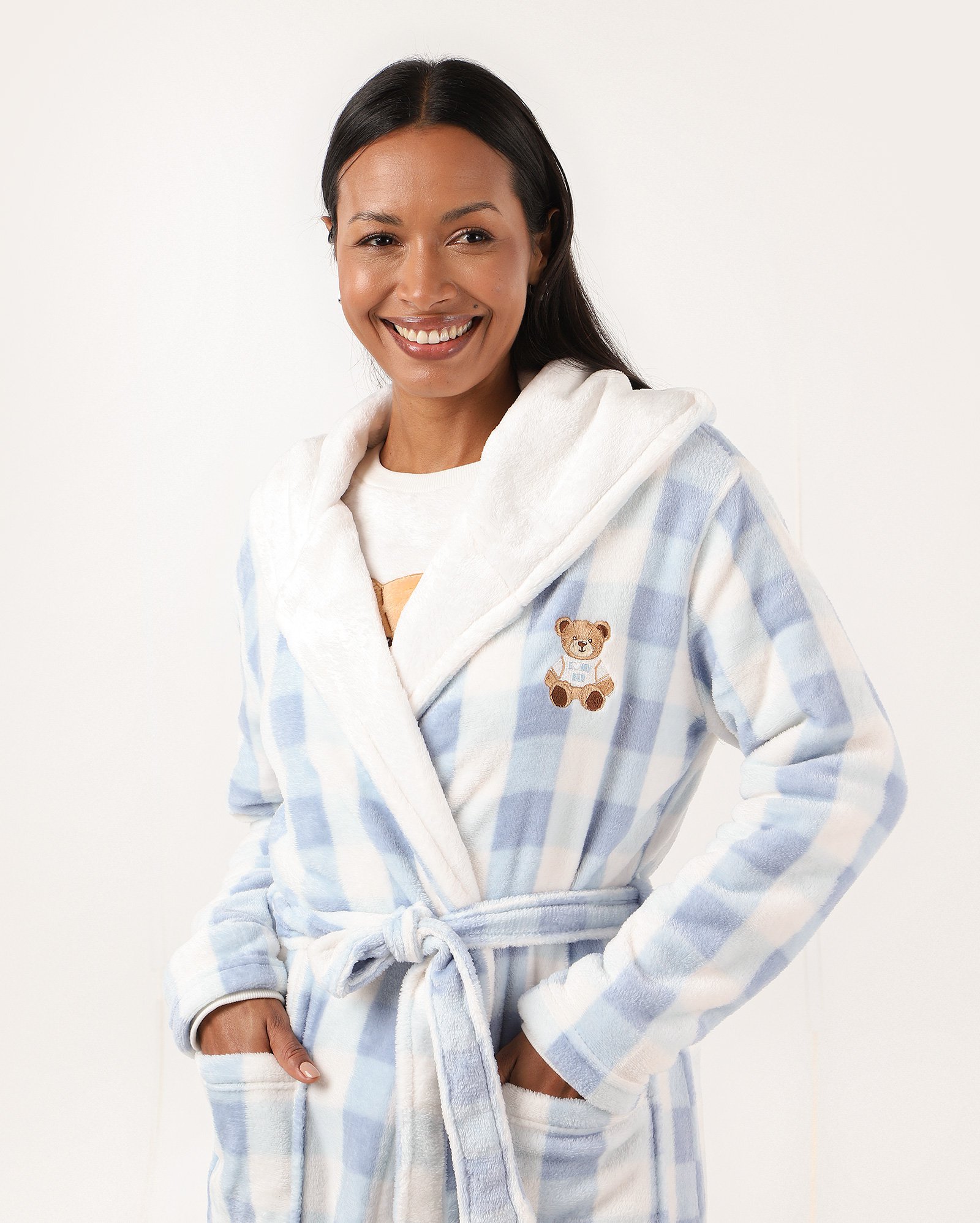 Robe feminino fleece vichy bordado urso azul | Riachuelo