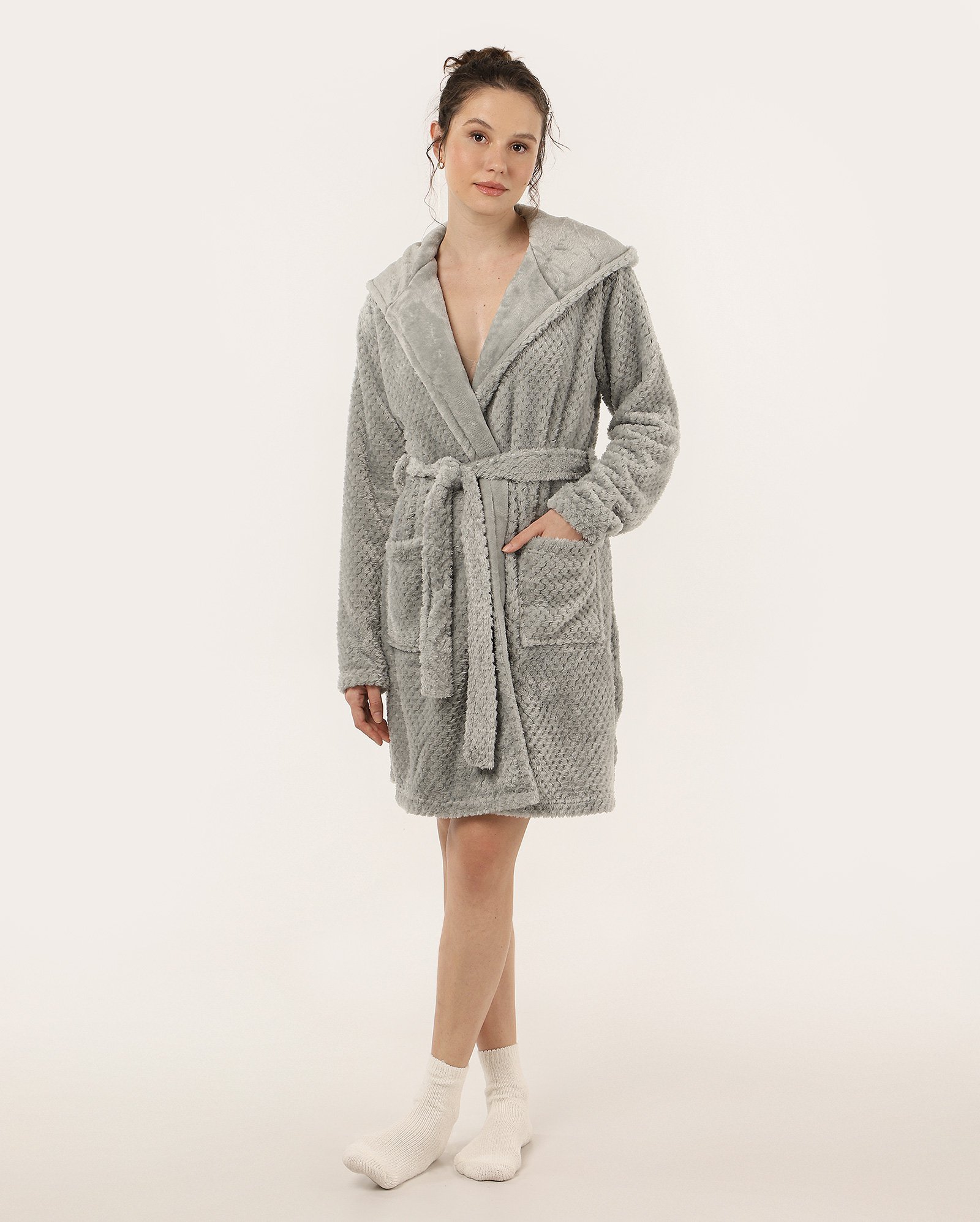 Robe feminino fleece texturizado com faixa verde | Riachuelo