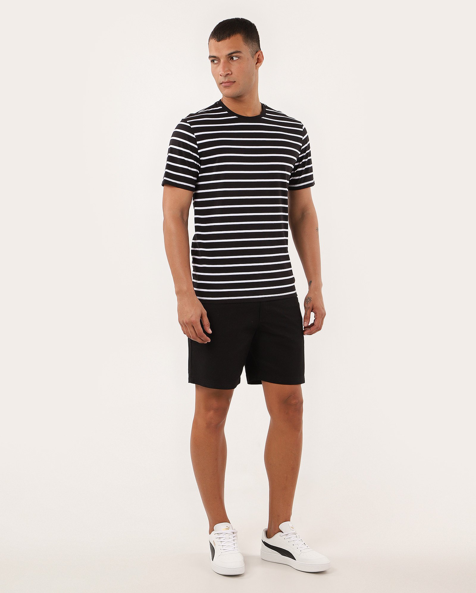 Camiseta masculina algodão peruano listrada - Preto