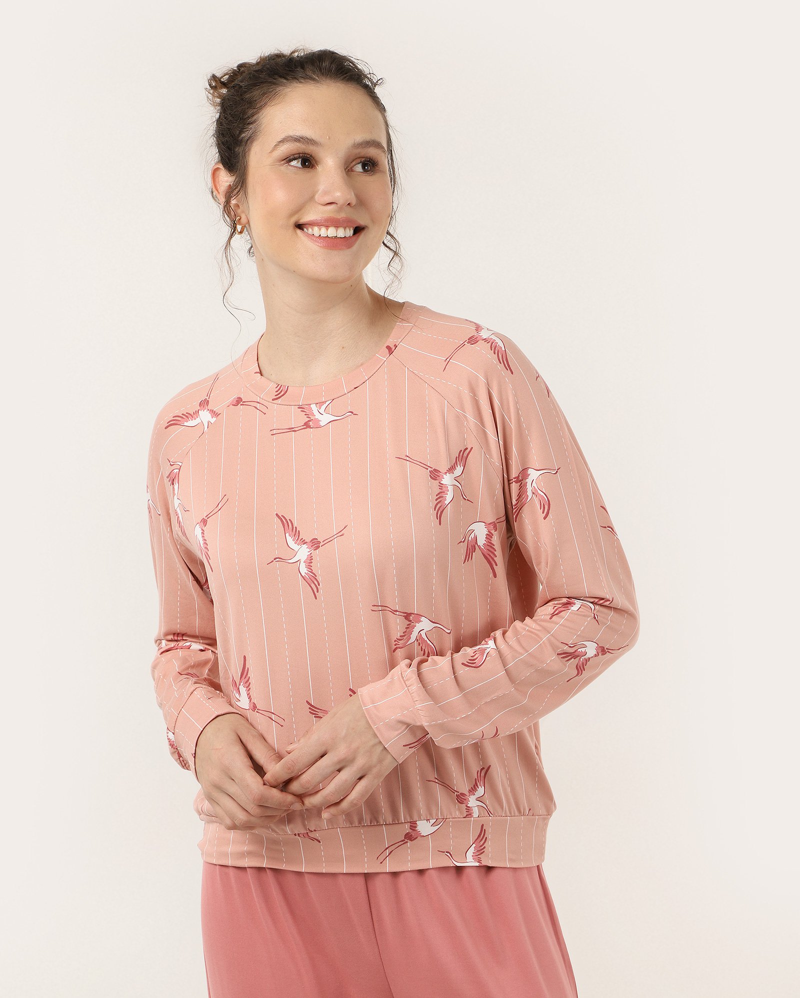 Pijama longo feminino flamingos listras rosa | Riachuelo