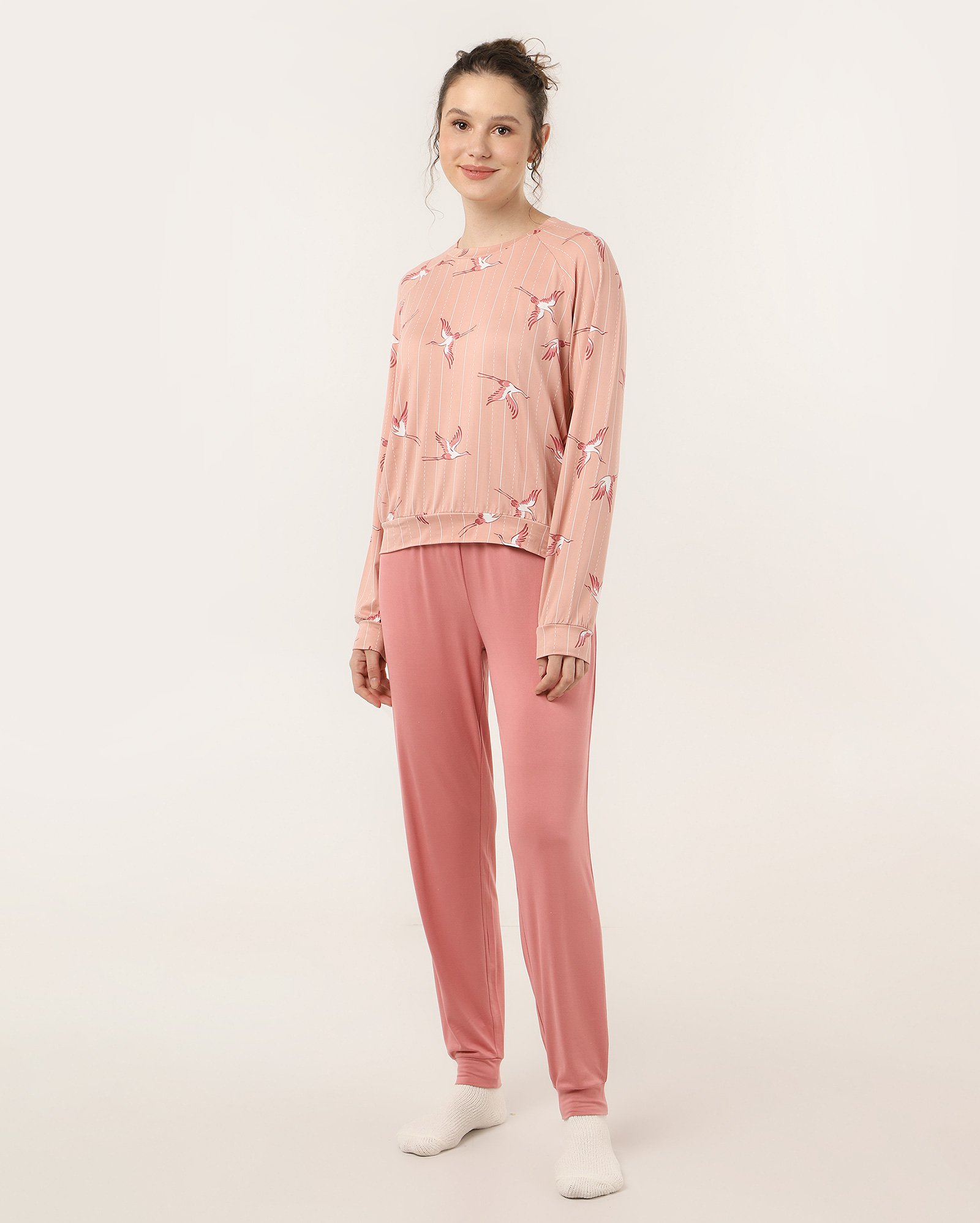 Pijama longo feminino flamingos listras rosa | Riachuelo