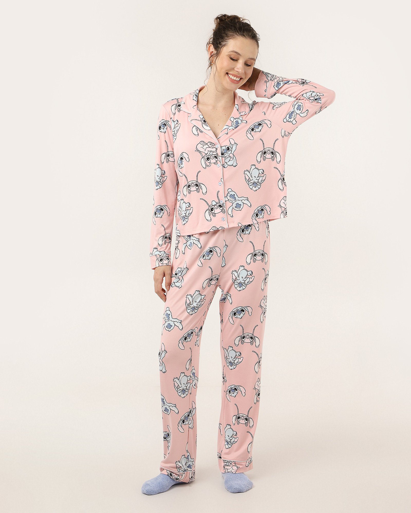 Pijama longo feminino americano Stitch e Angel rosa | Disney
