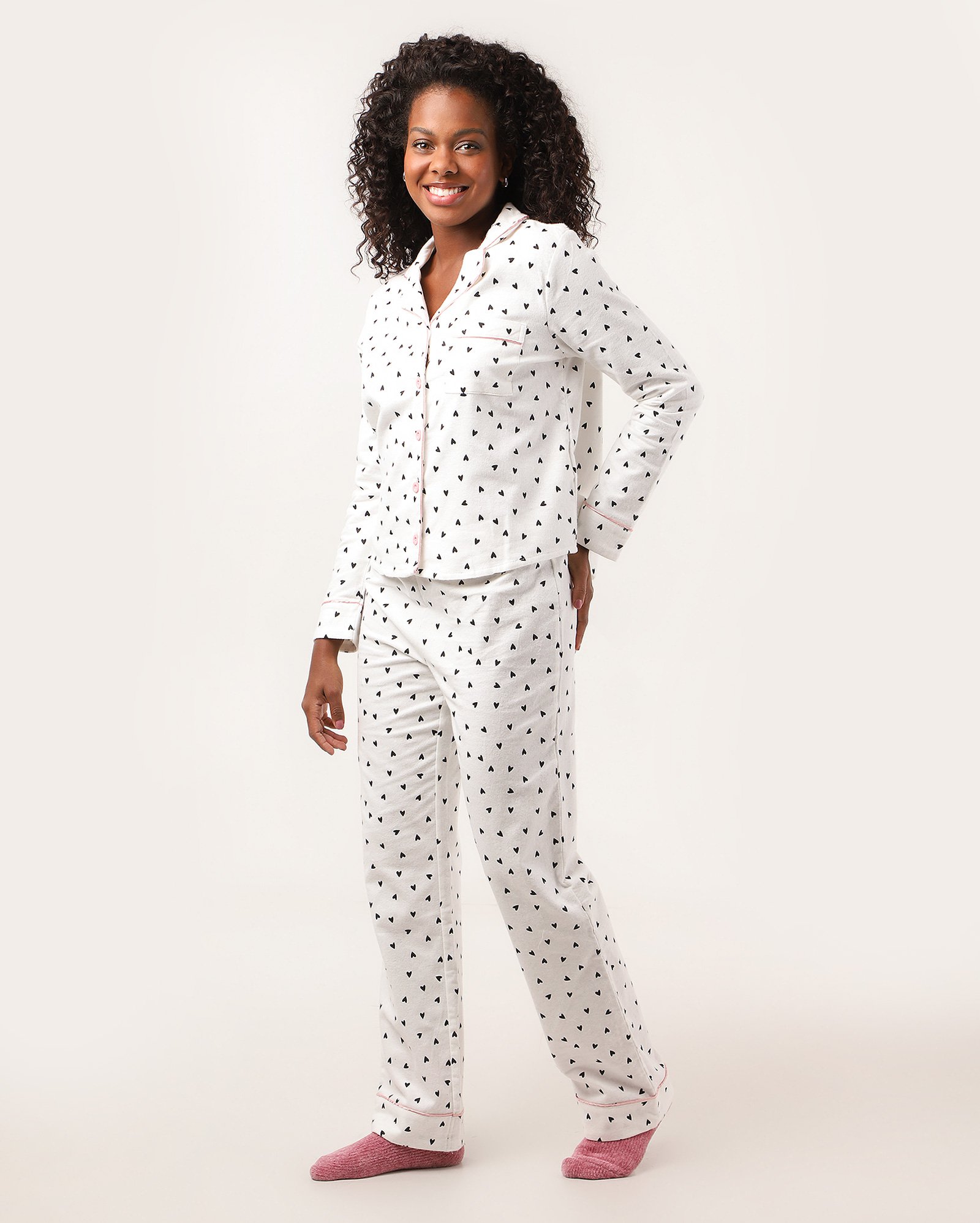 Pijama longo feminino flannel americano corações branco | Riachuelo