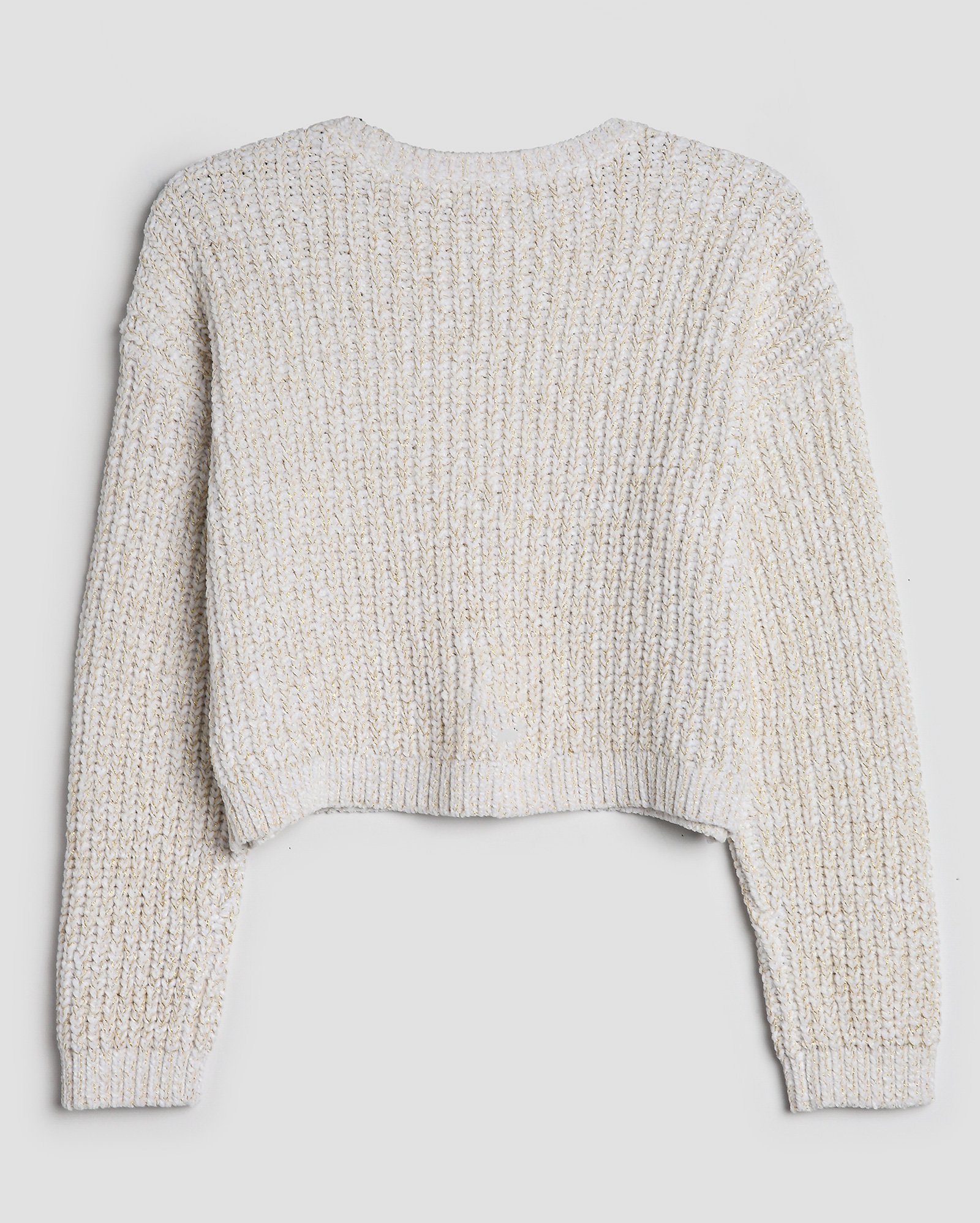 Suéter cropped juvenil tricot com fios brilhosos off-white | Pool