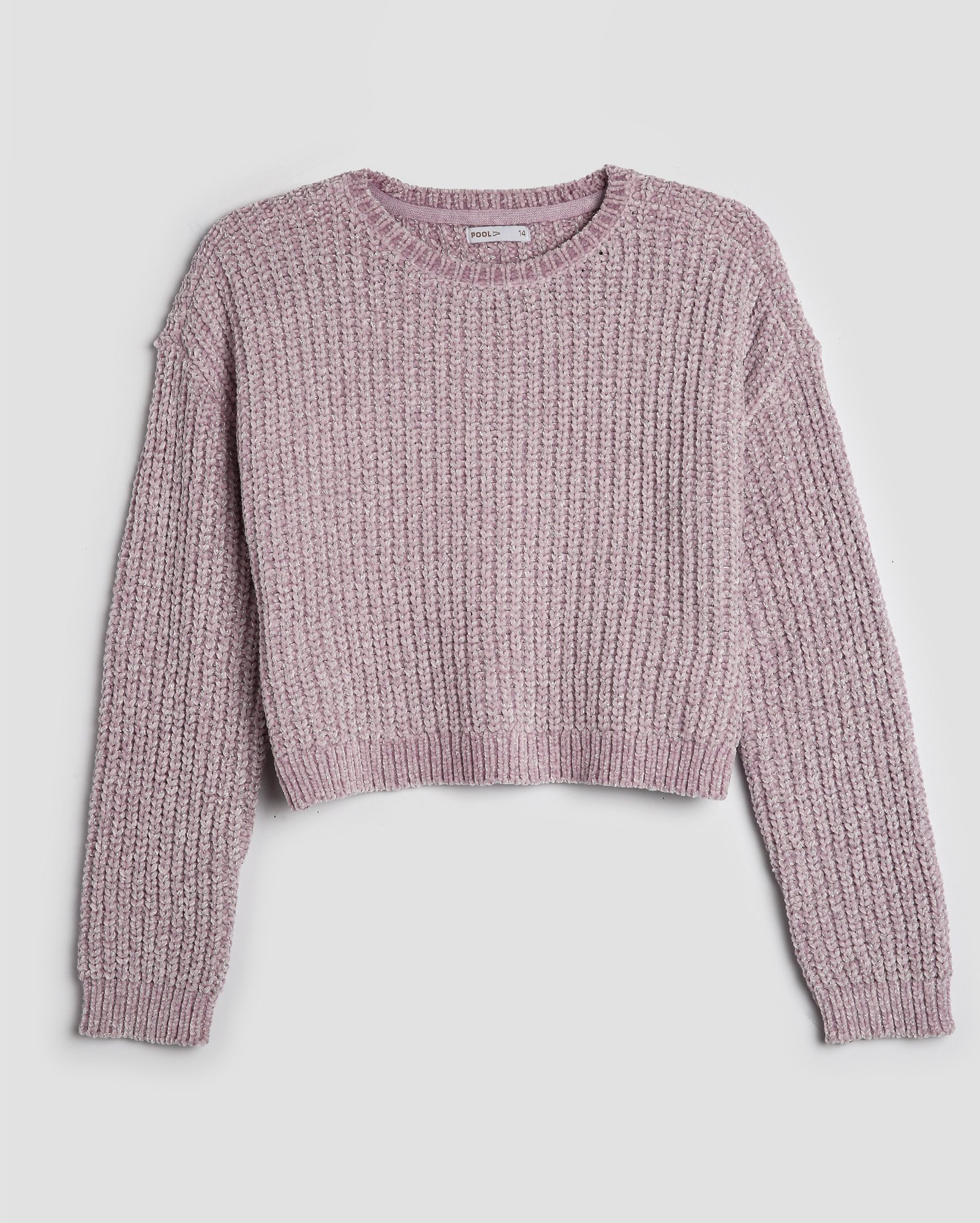 Suéter cropped juvenil tricot com fios brilhosos lilás | Pool