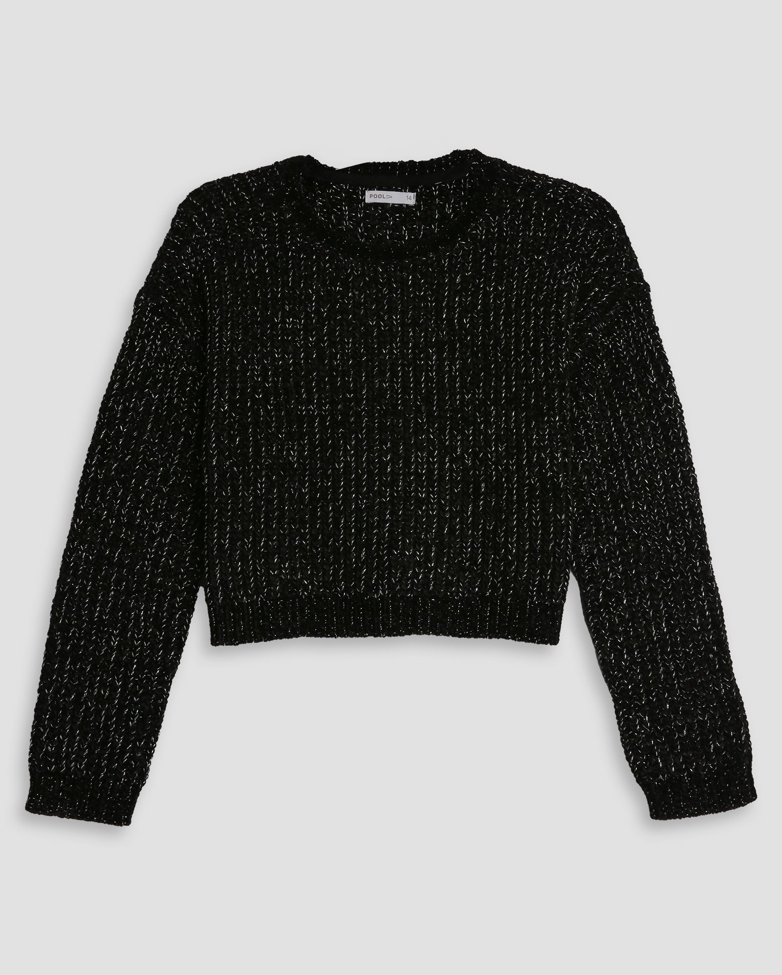 Suéter cropped juvenil tricot com fios brilhosos preto | Pool