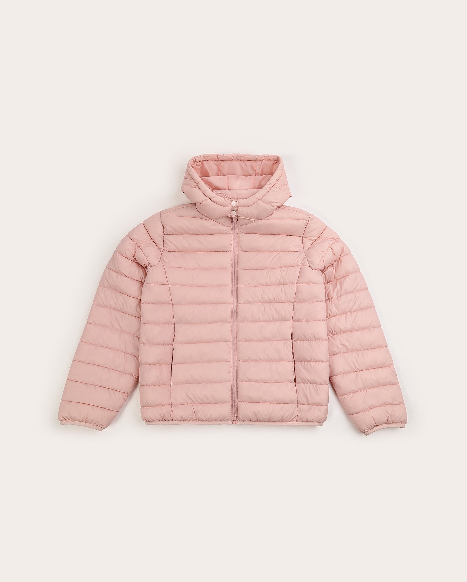 Jaqueta juvenil puffer com capuz e bolsos rosa | Pool