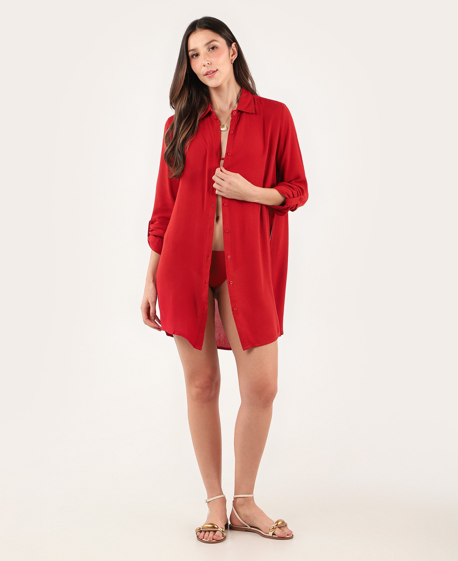 Saída de praia chemise curta viscose texturizada vermelha | Dript by Riachuelo