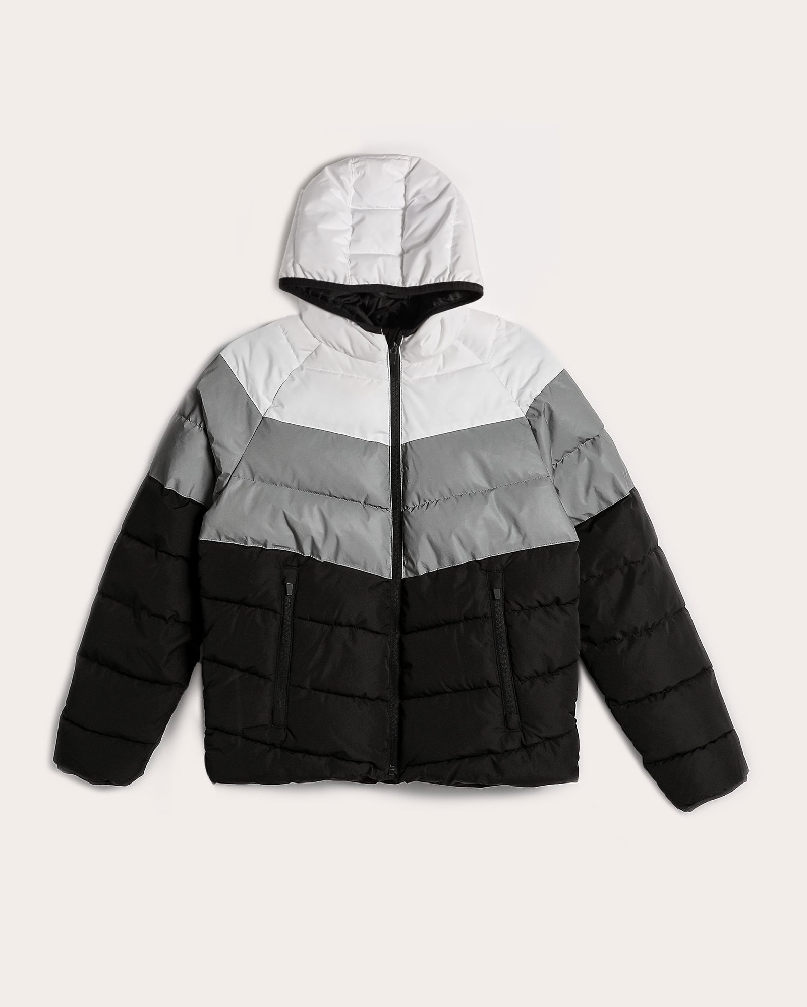 Jaqueta juvenil puffer refletiva com capuz preta | Pool