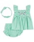 Conjunto curto bebê 2 peças com babados listrado + faixa de cabelo verde | Carter's
