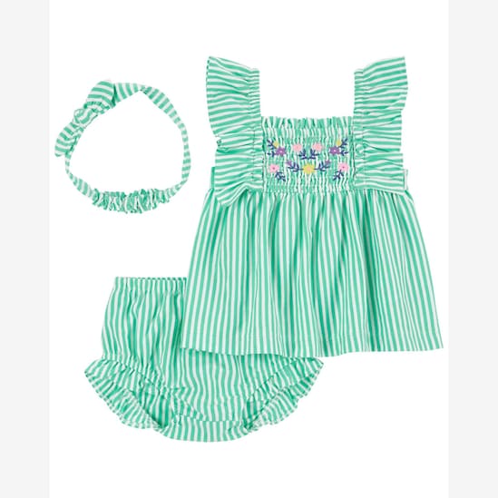 Conjunto curto bebê 2 peças com babados listrado + faixa de cabelo verde | Carter's