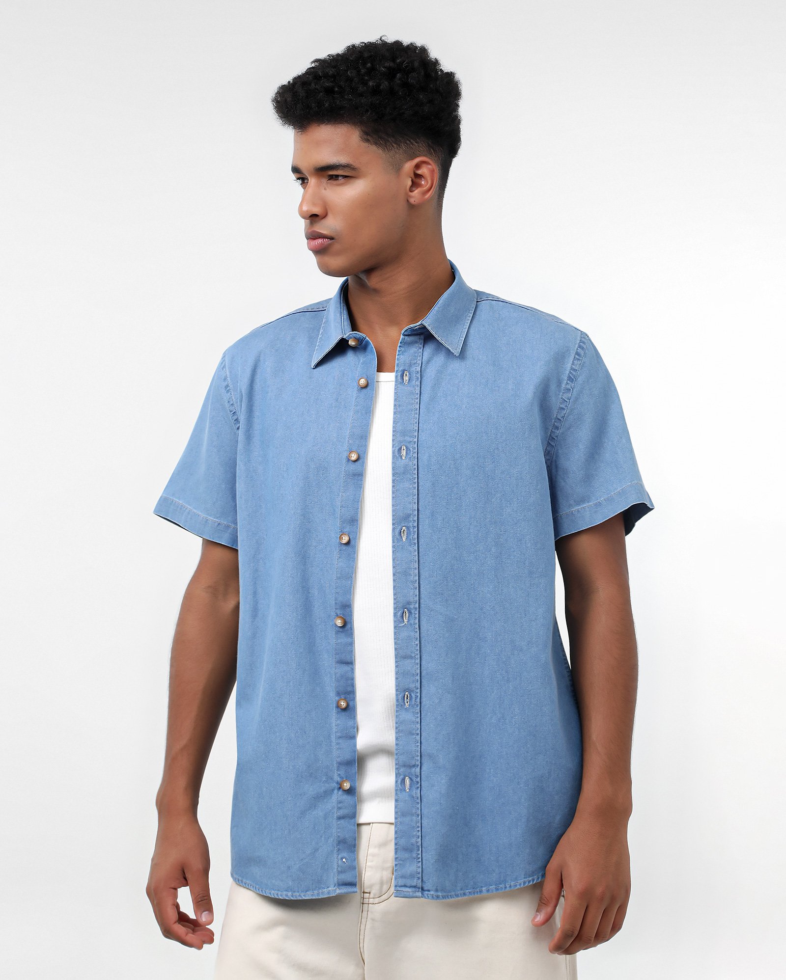 Camisa jeans masculina manga curta denim médio | Pool Jeans