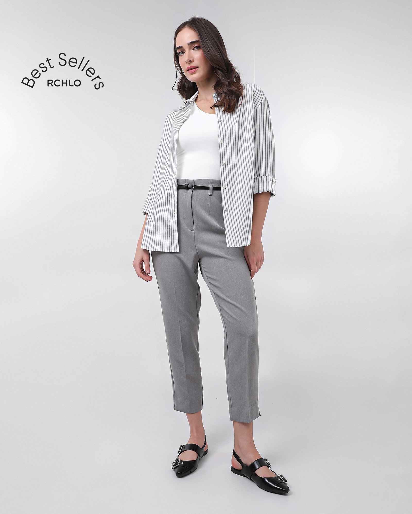 Calça feminina alfaiataria Luka com cinto e pregas - Cinza Claro