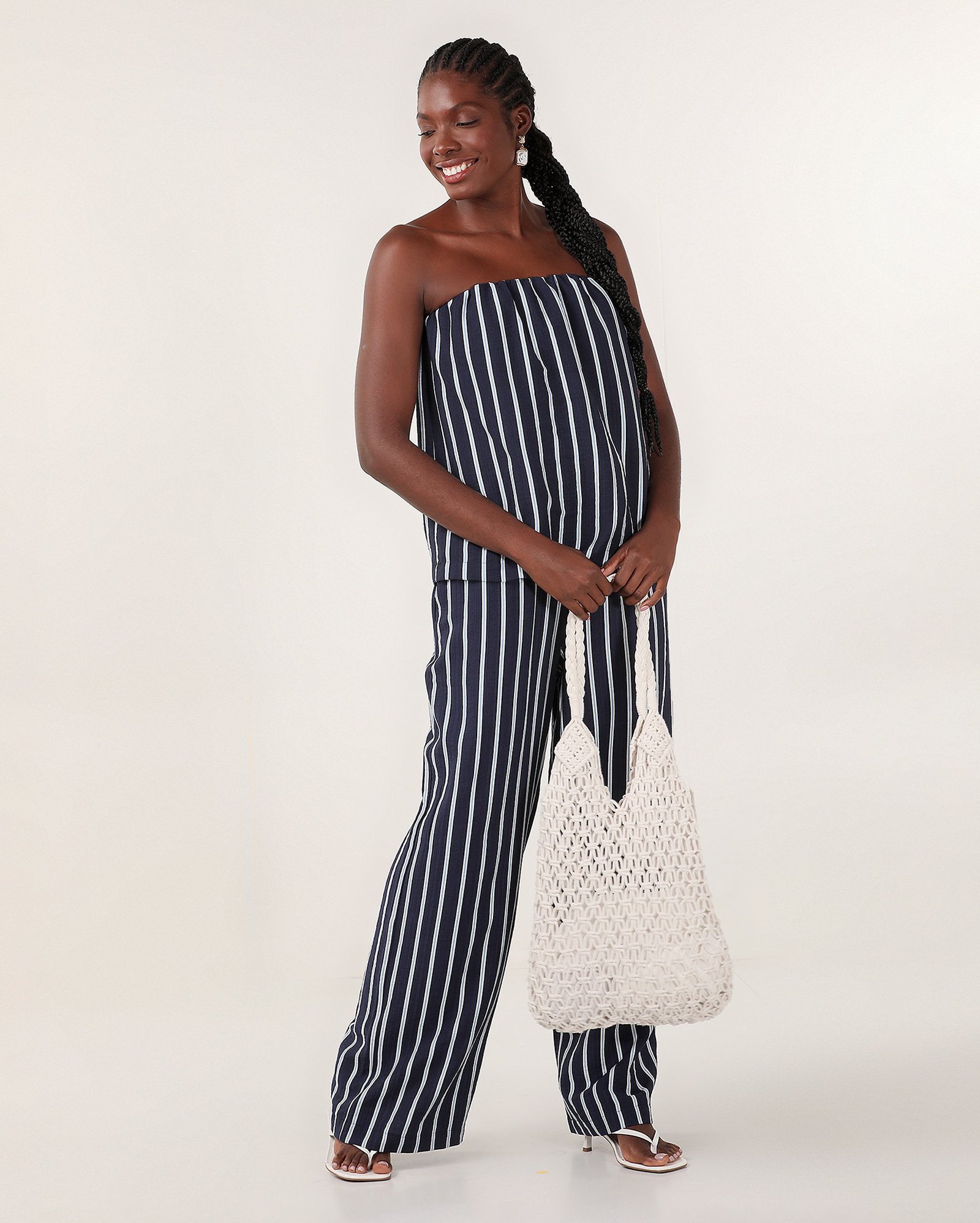 Top strapless viscose listrado - Azul Escuro — foto 3